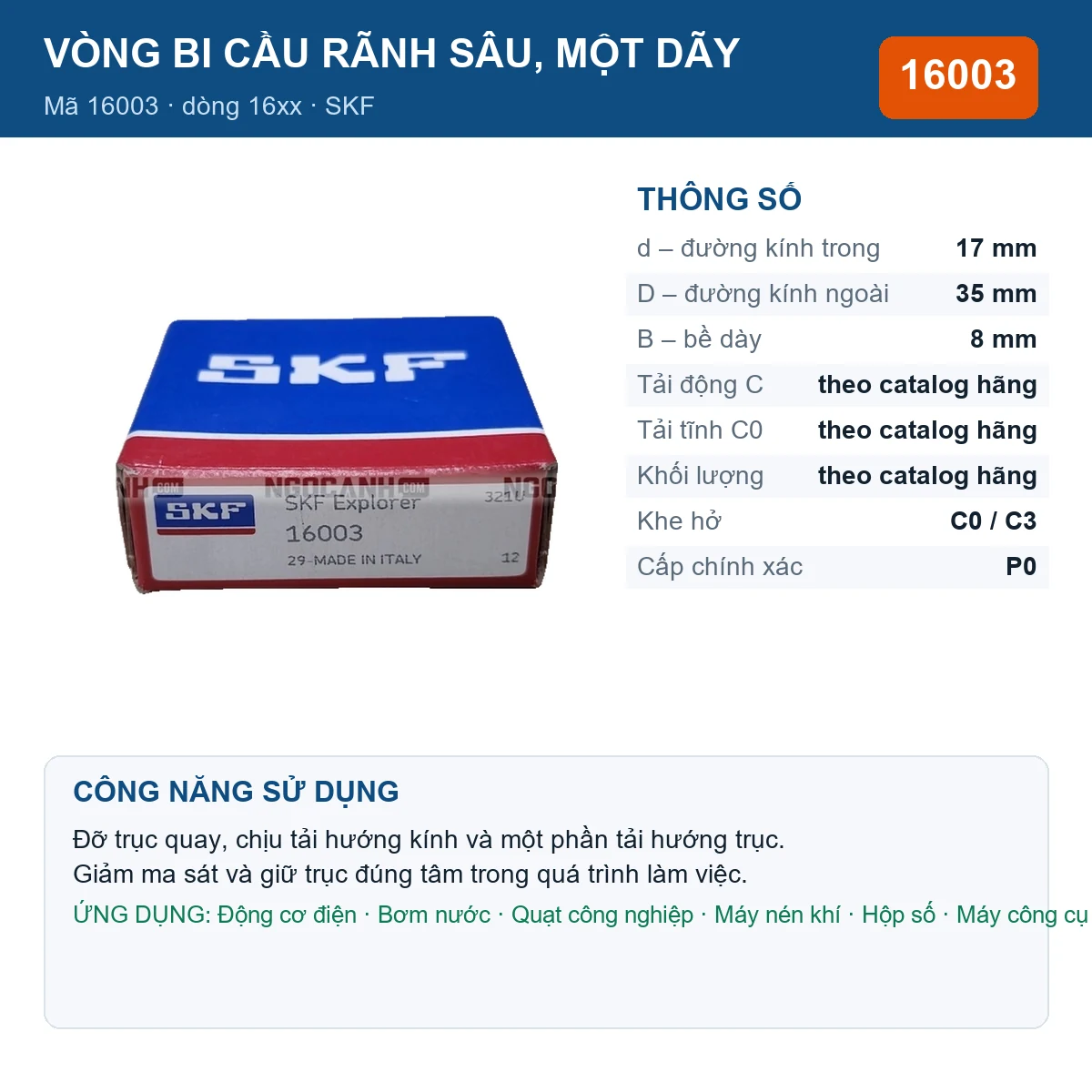 Vòng bi SKF 16003 — kích thước 17x35x8mm