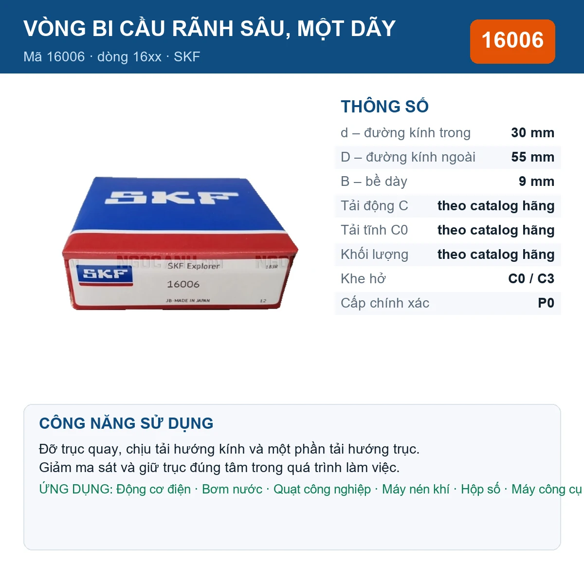 Vòng bi SKF 16006 — kích thước 30x55x9mm