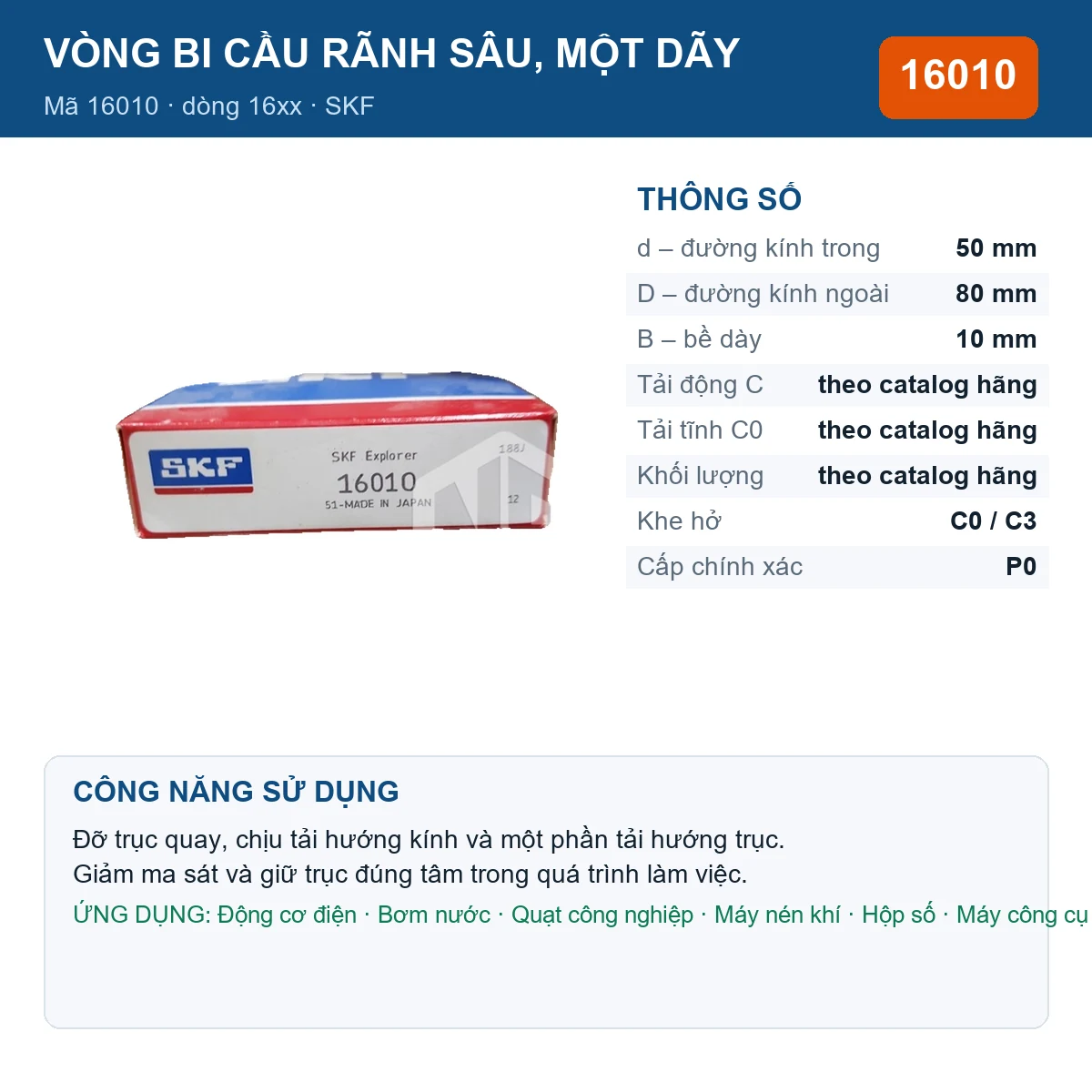 Vòng bi SKF 16010 — kích thước 50x80x10mm