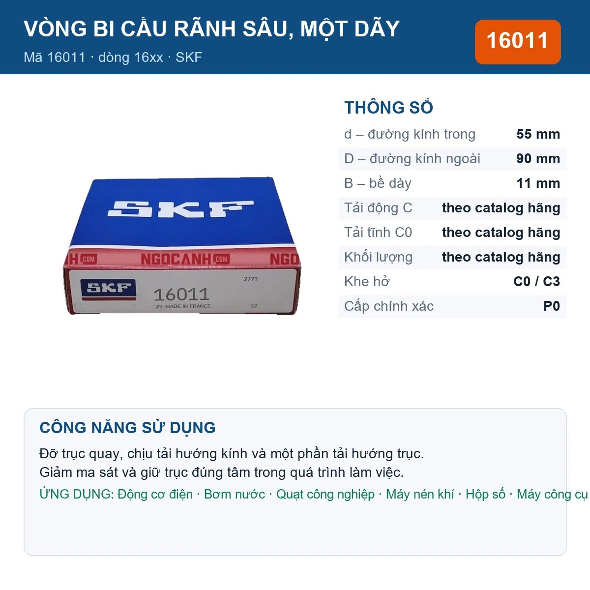 Vòng bi SKF 16011 — kích thước 55x90x11mm