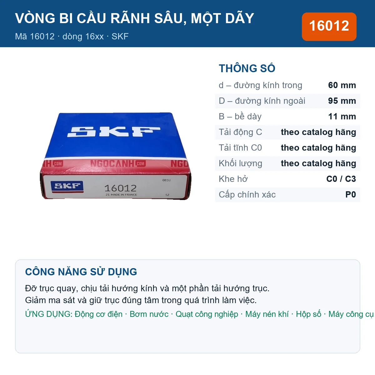Vòng bi SKF 16012 — kích thước 60x95x11mm