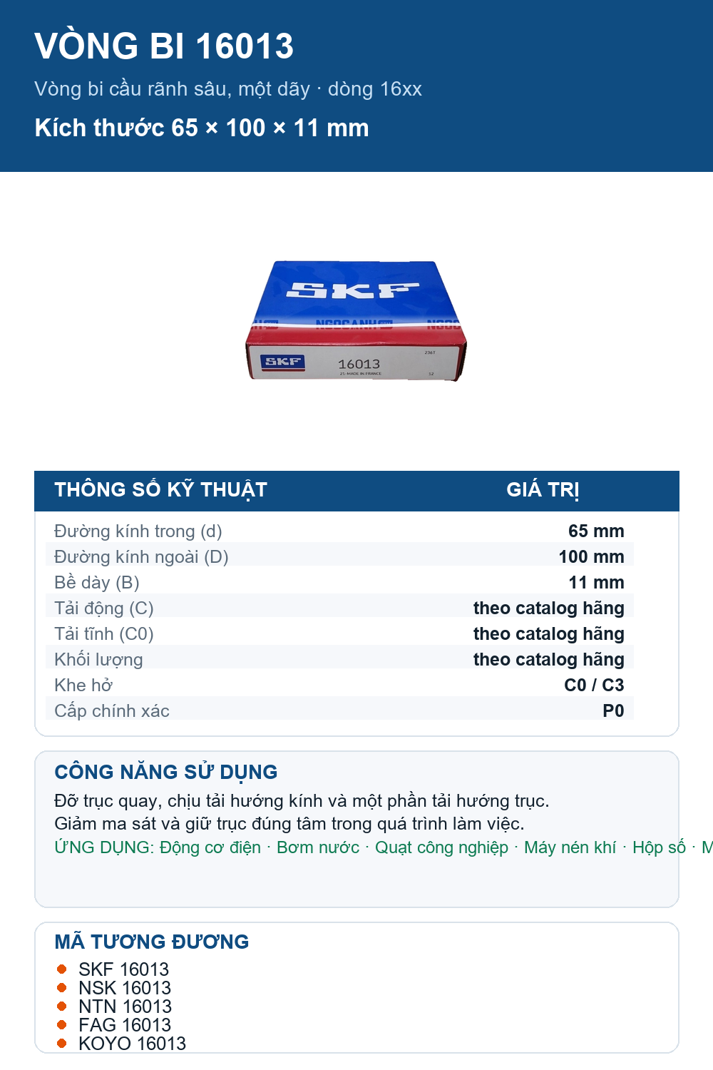 Vòng bi SKF 16013 65x100x11mm — Ảnh thông số (Pinterest)