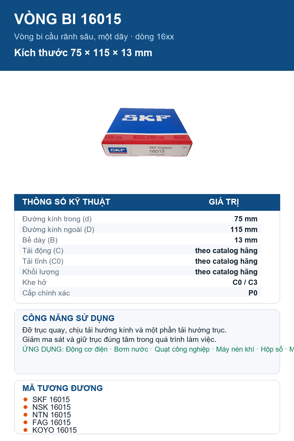 Vòng bi SKF 16015 75x115x13mm — Ảnh thông số (Pinterest)