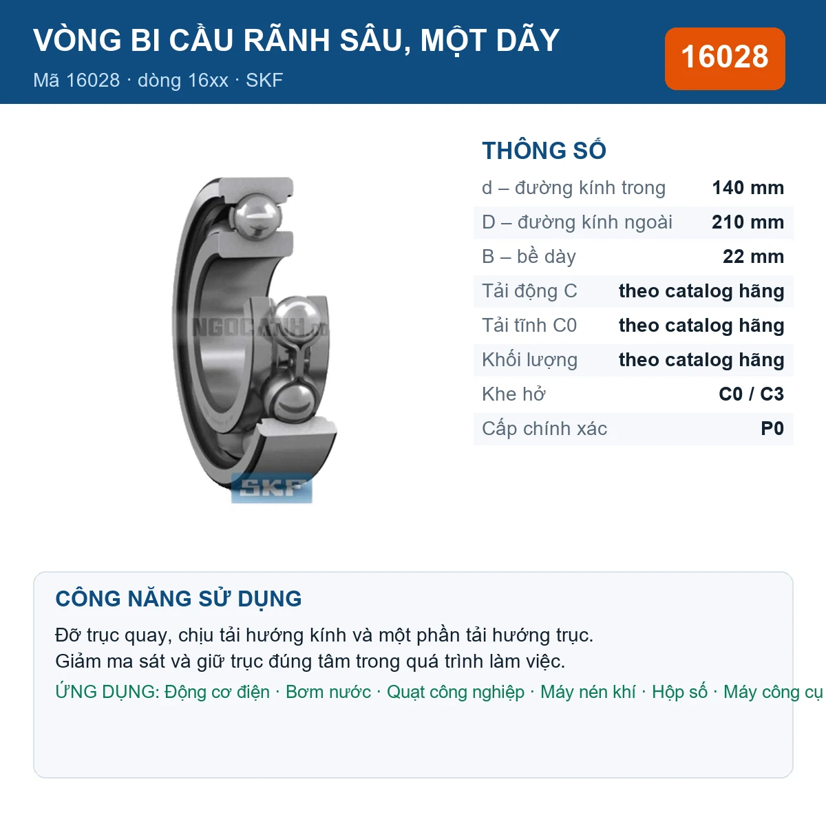 Vòng bi SKF 16028 — kích thước 140x210x22mm