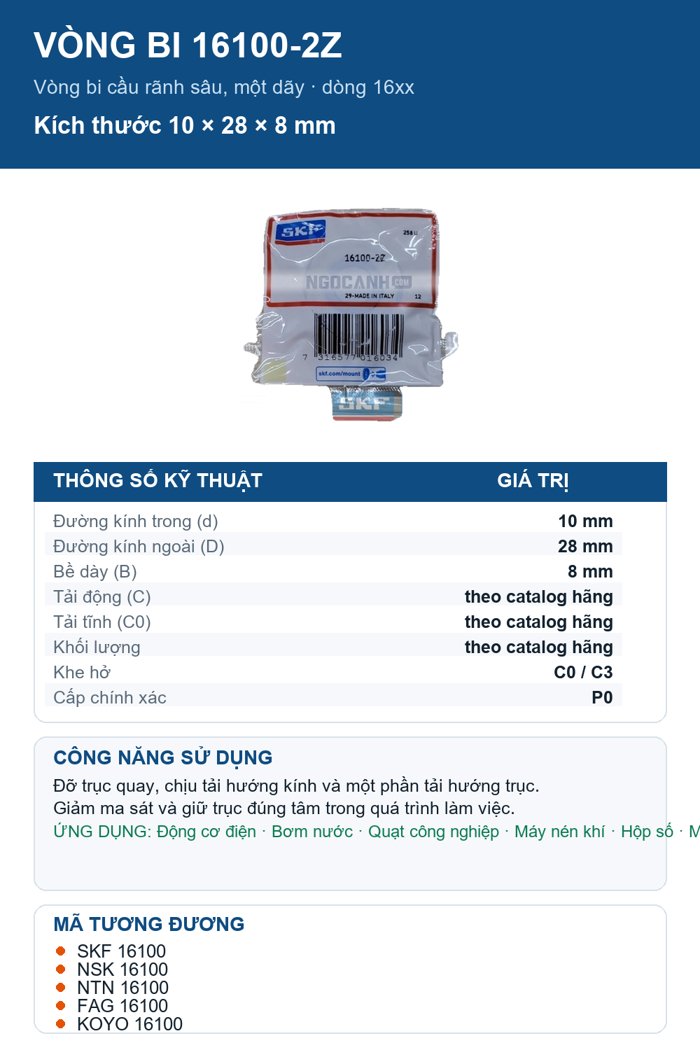 Vòng bi SKF 16100-2Z 10x28x8mm — Ảnh thông số (Pinterest)