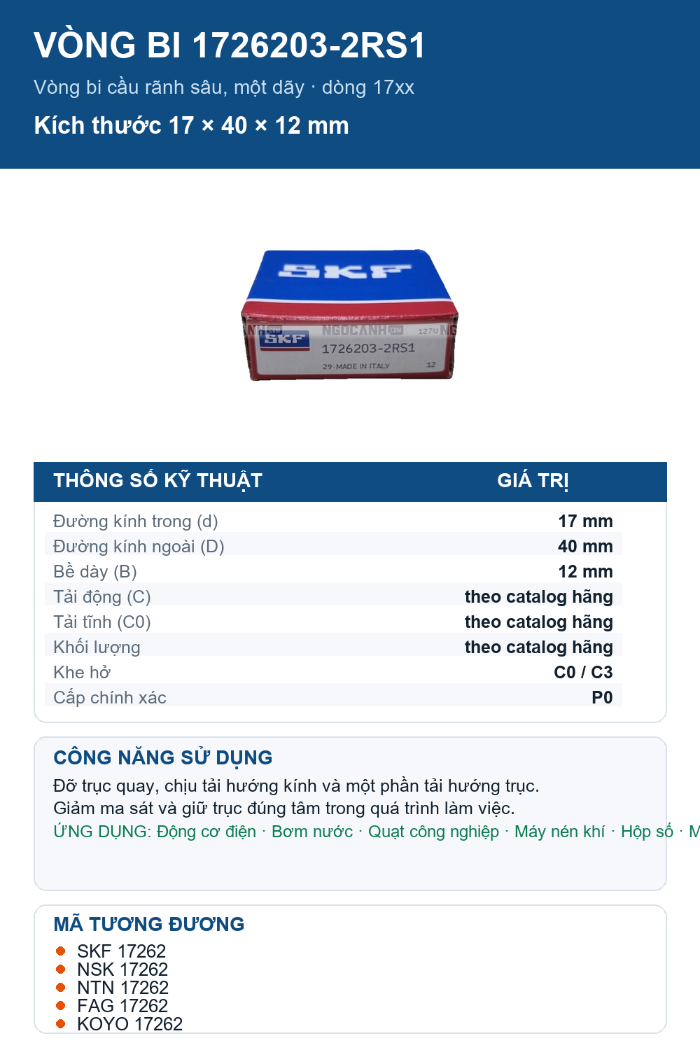 Vòng bi SKF 1726203-2RS1 17x40x12mm — Ảnh thông số (Pinterest)