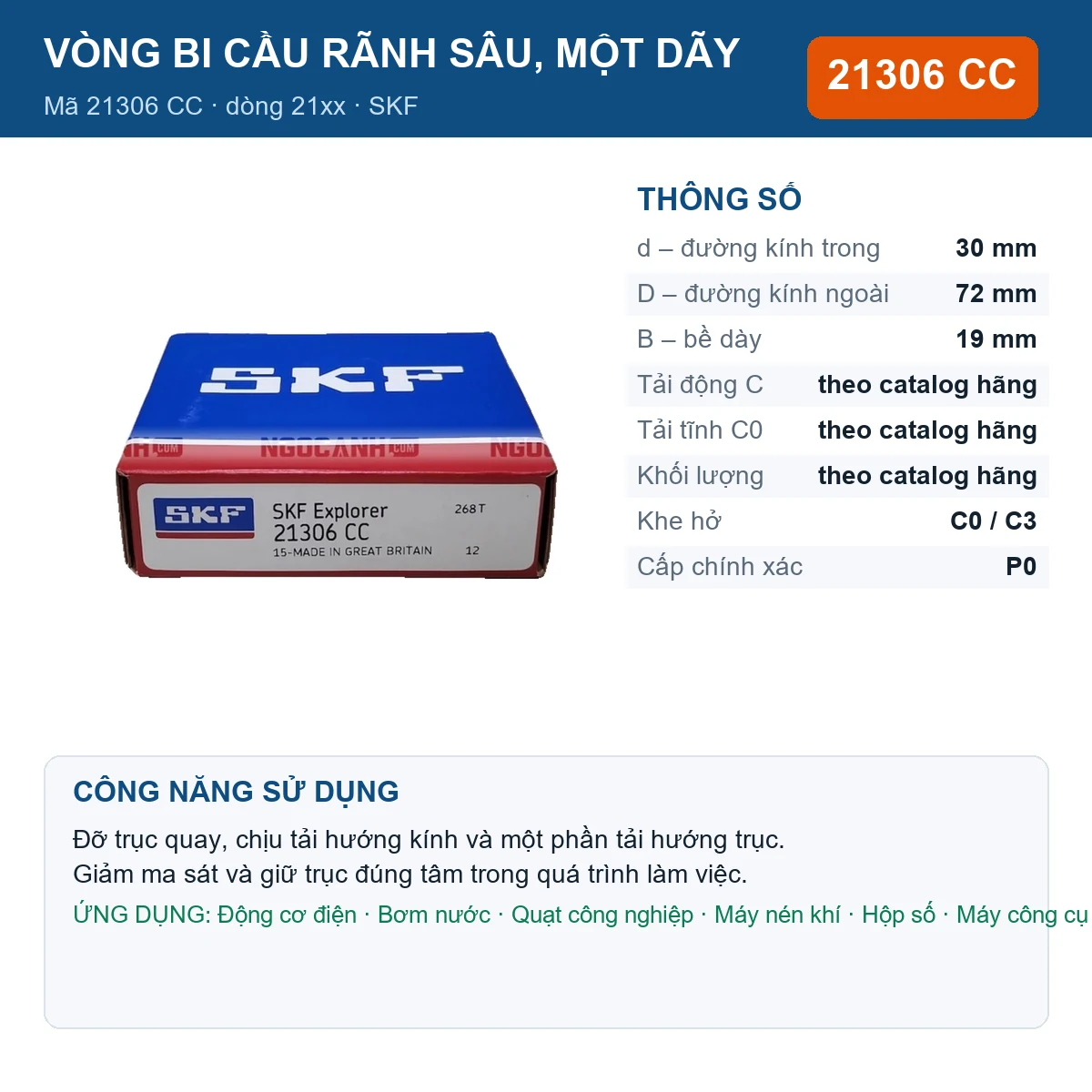 Vòng bi SKF 21306 CC — kích thước 30x72x19mm