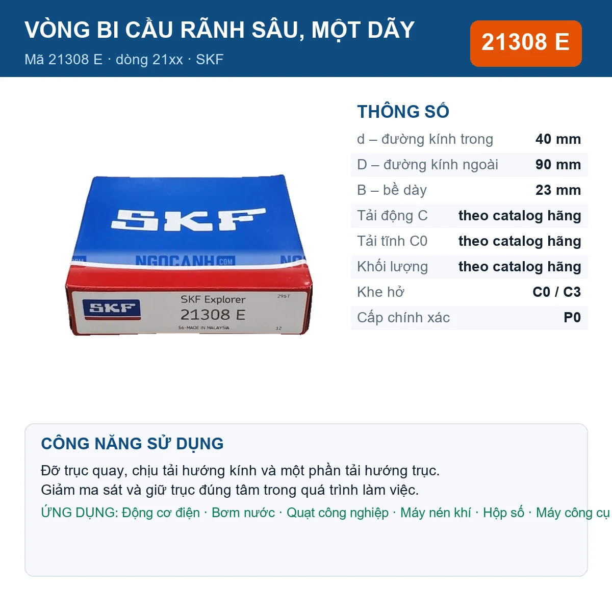 Vòng bi SKF 21308 E — kích thước 40x90x23mm