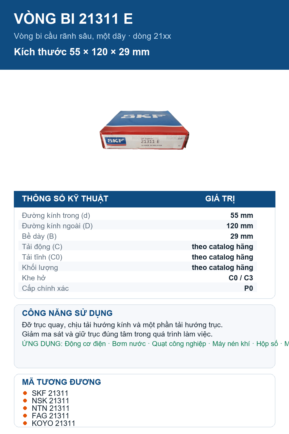 Vòng bi SKF 21311 E 55x120x29mm — Ảnh thông số (Pinterest)