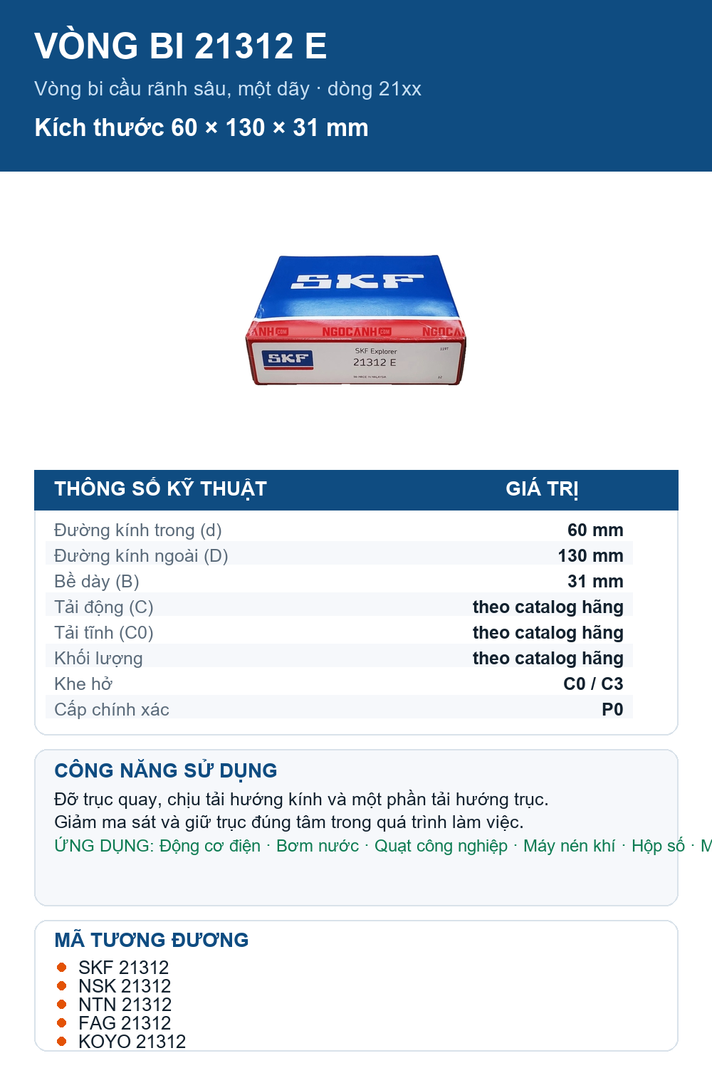 Vòng bi SKF 21312 E 60x130x31mm — Ảnh thông số (Pinterest)