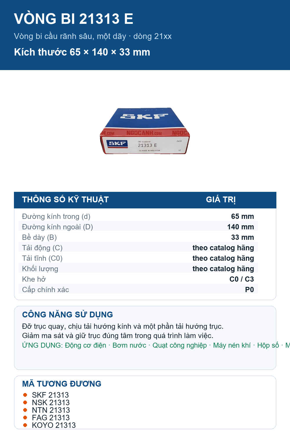 Vòng bi SKF 21313 E 65x140x33mm — Ảnh thông số (Pinterest)