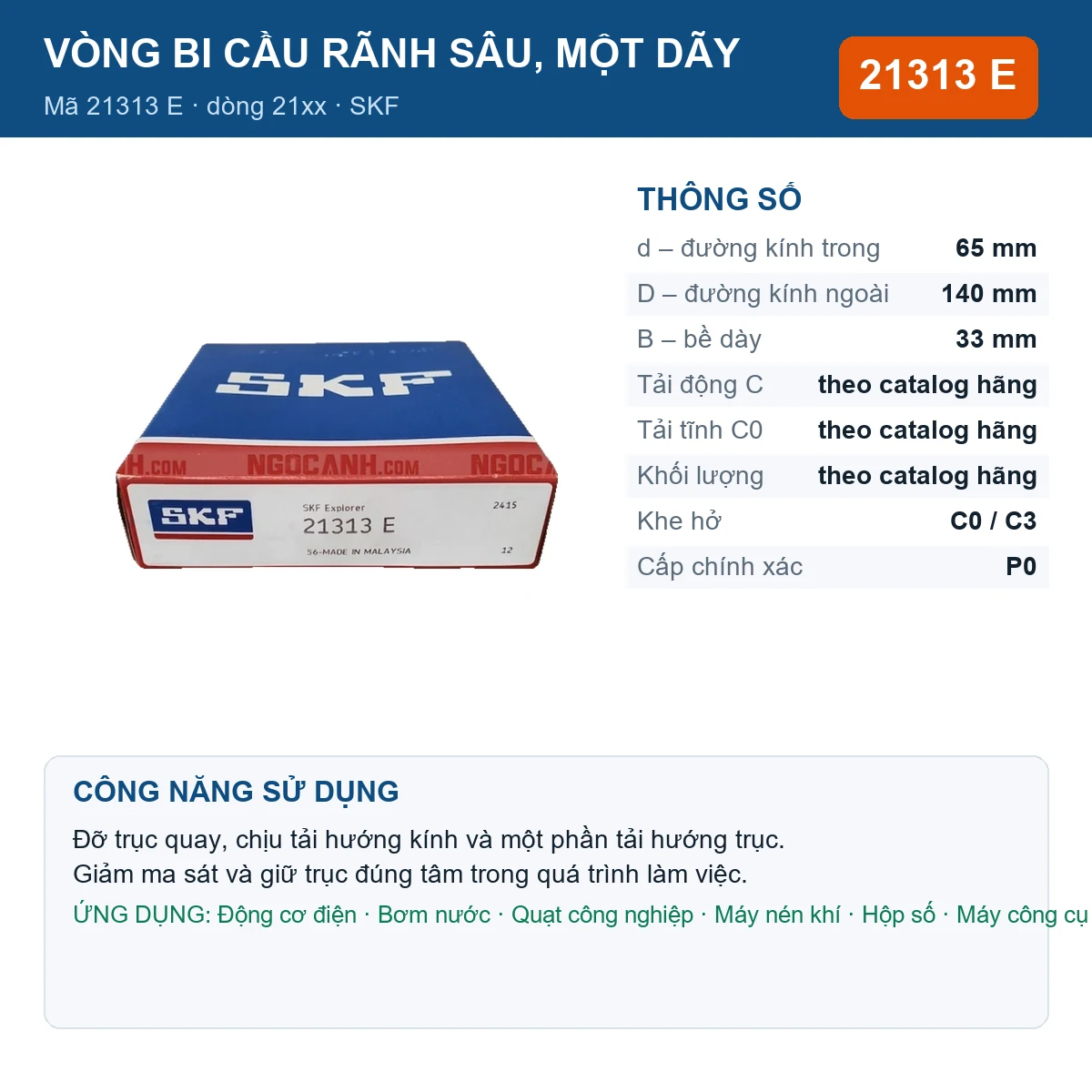 Vòng bi SKF 21313 E — kích thước 65x140x33mm