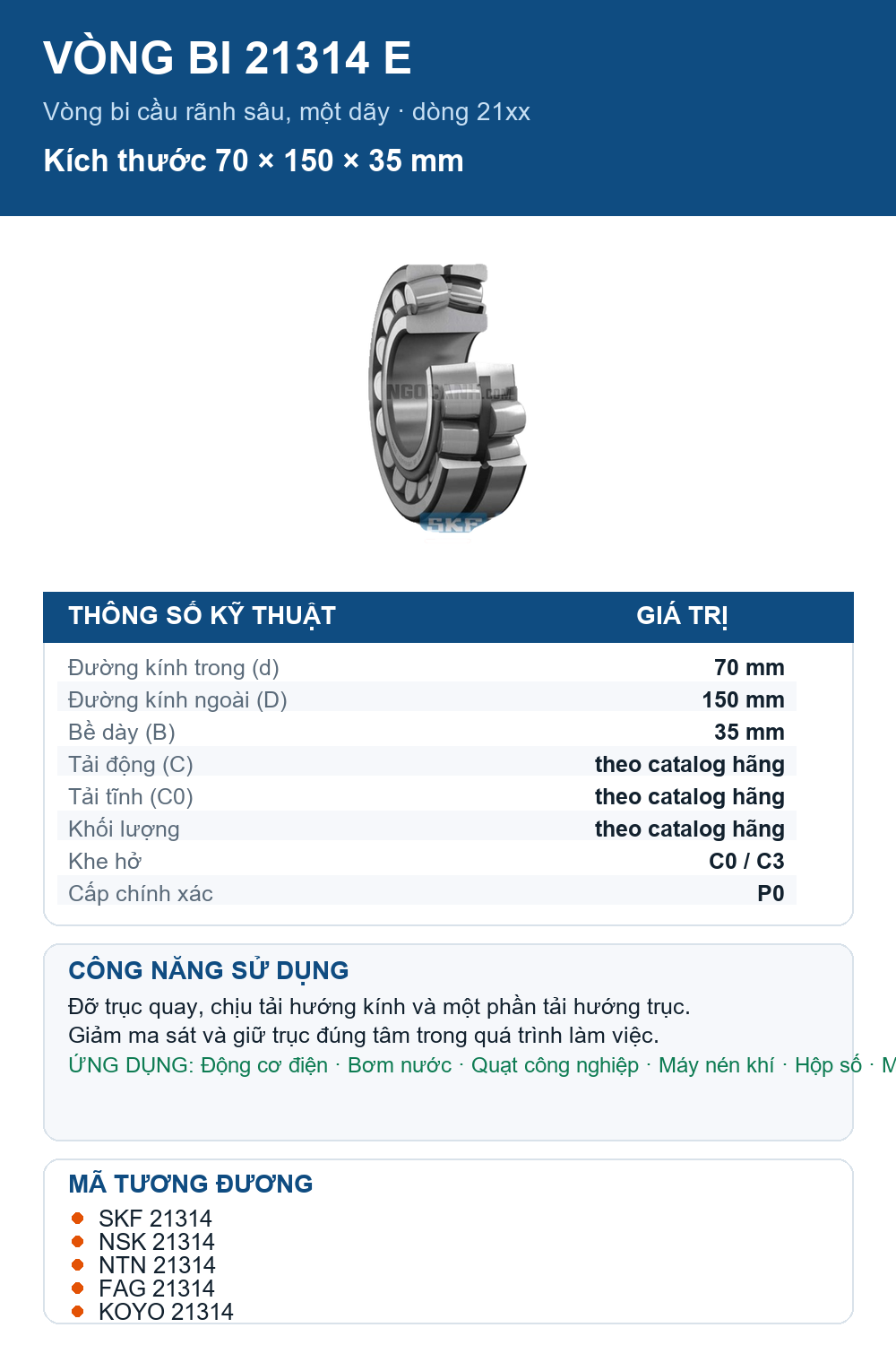 Vòng bi SKF 21314 E 70x150x35mm — Ảnh thông số (Pinterest)
