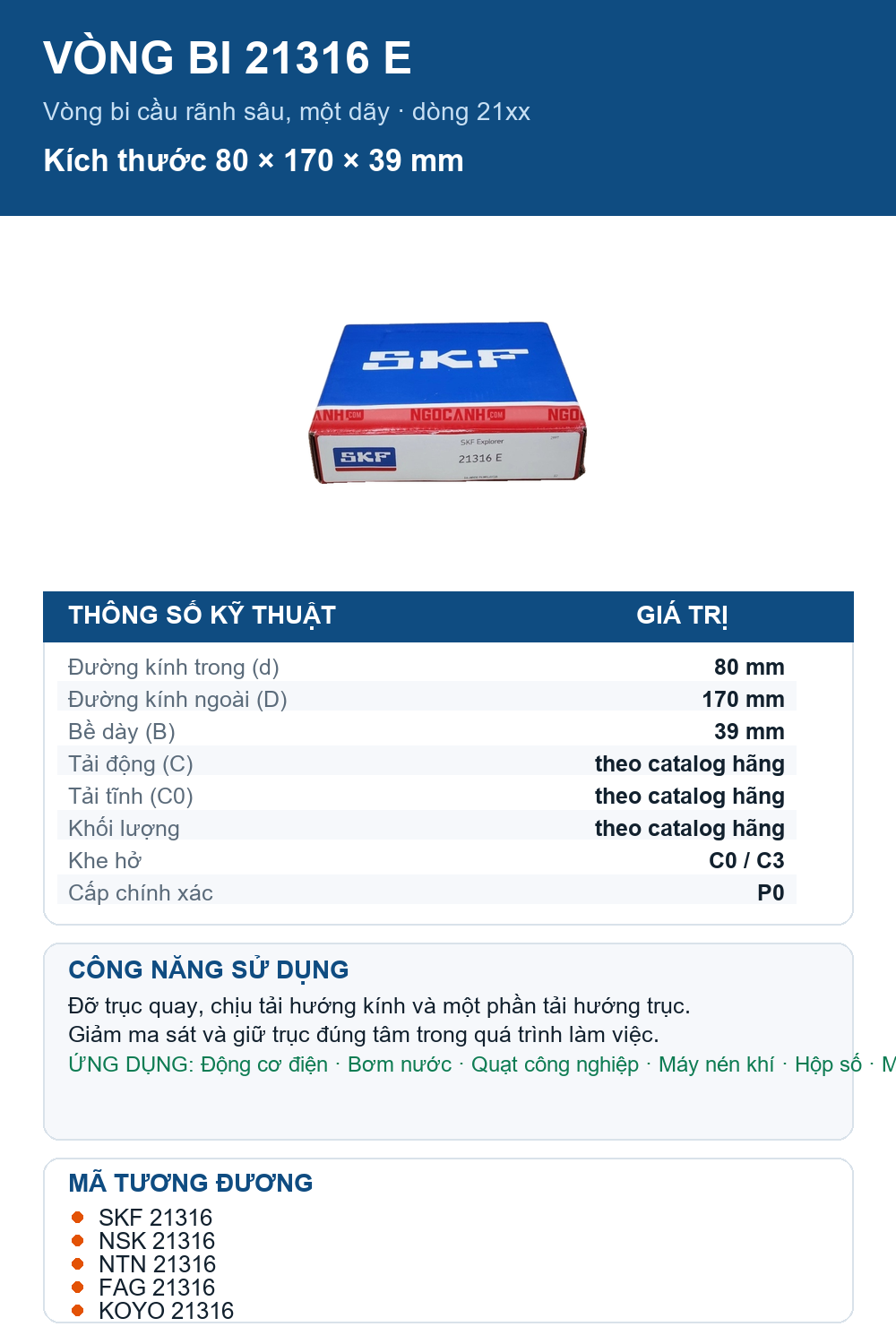 Vòng bi SKF 21316 E 80x170x39mm — Ảnh thông số (Pinterest)