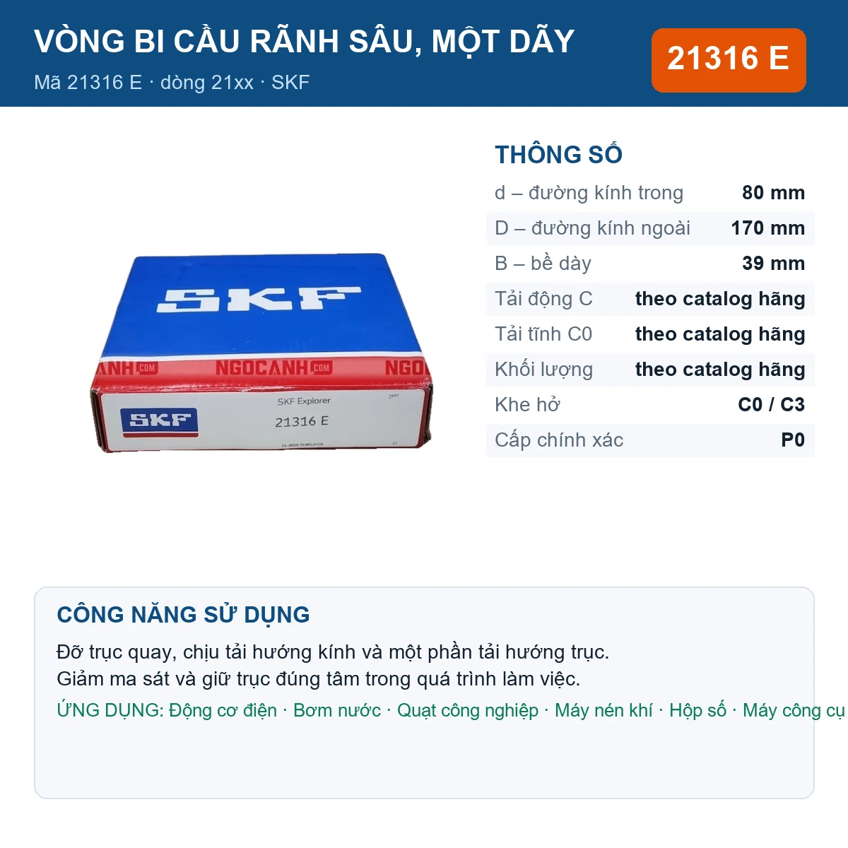 Vòng bi SKF 21316 E — kích thước 80x170x39mm