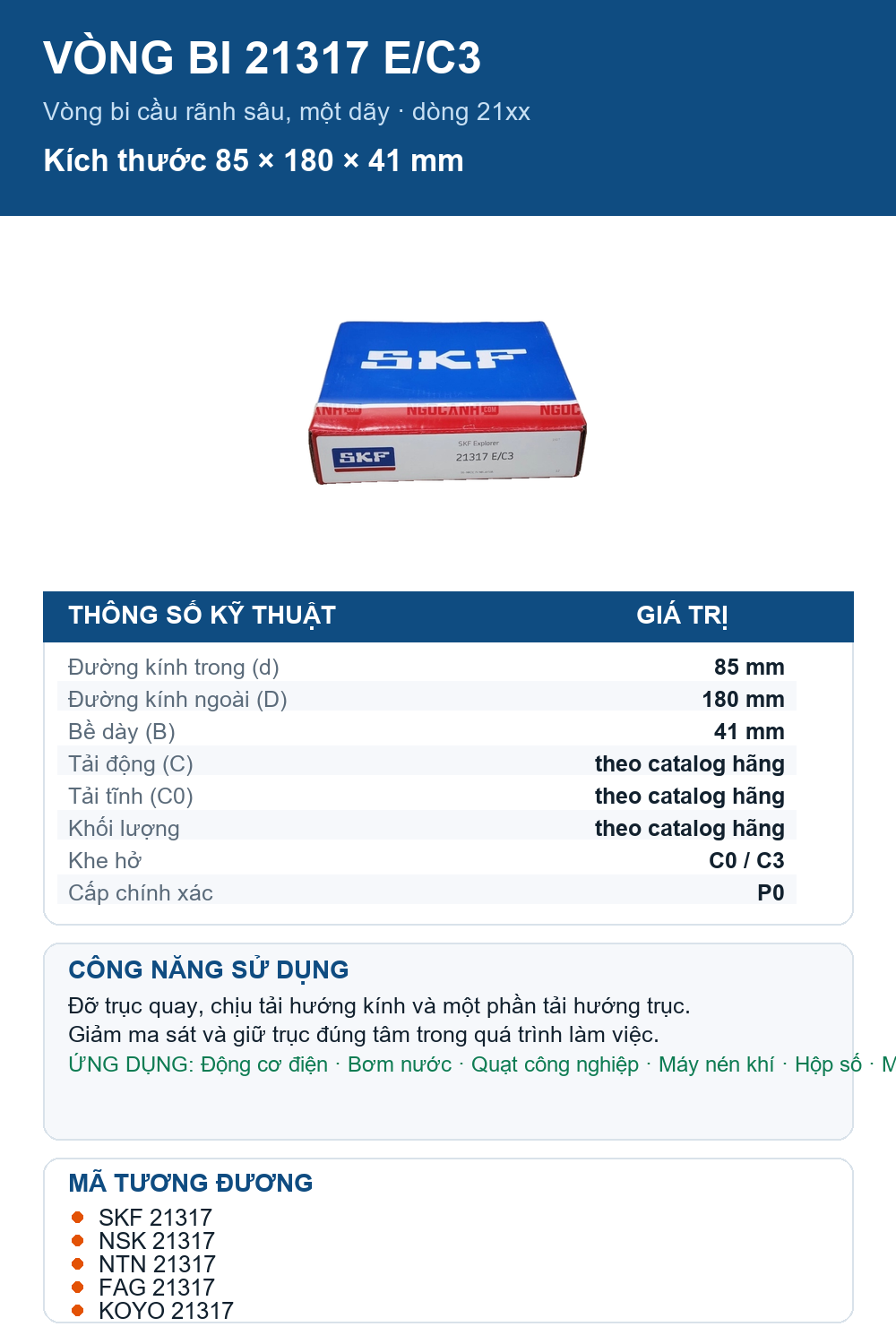 Vòng bi SKF 21317 E/C3 85x180x41mm — Ảnh thông số (Pinterest)