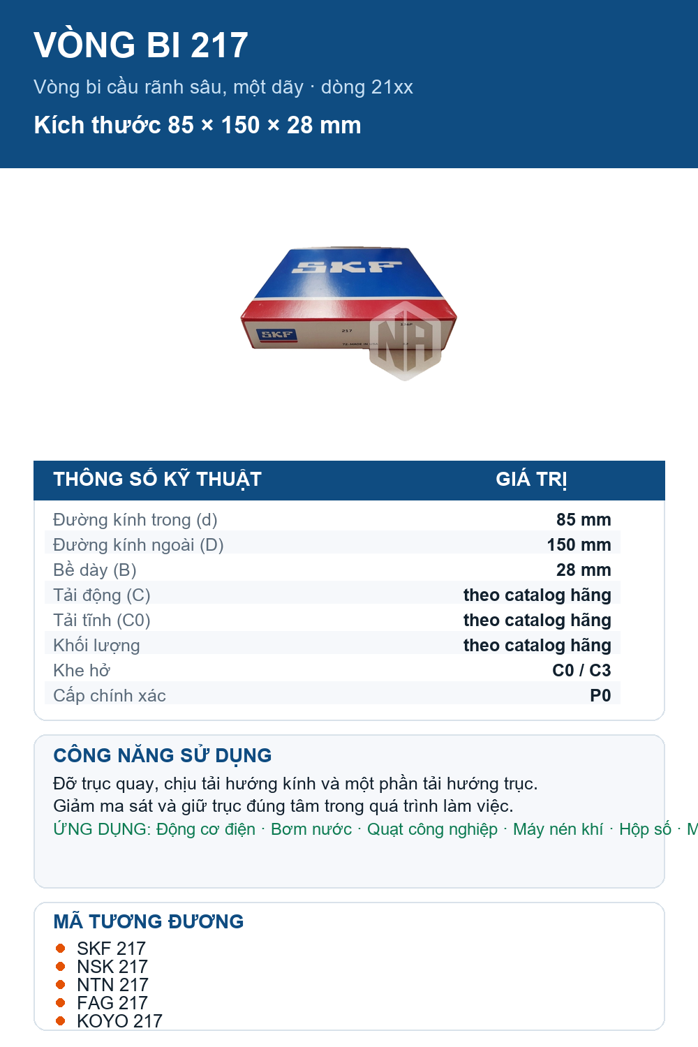 Vòng bi SKF 217 85x150x28mm — Ảnh thông số (Pinterest)
