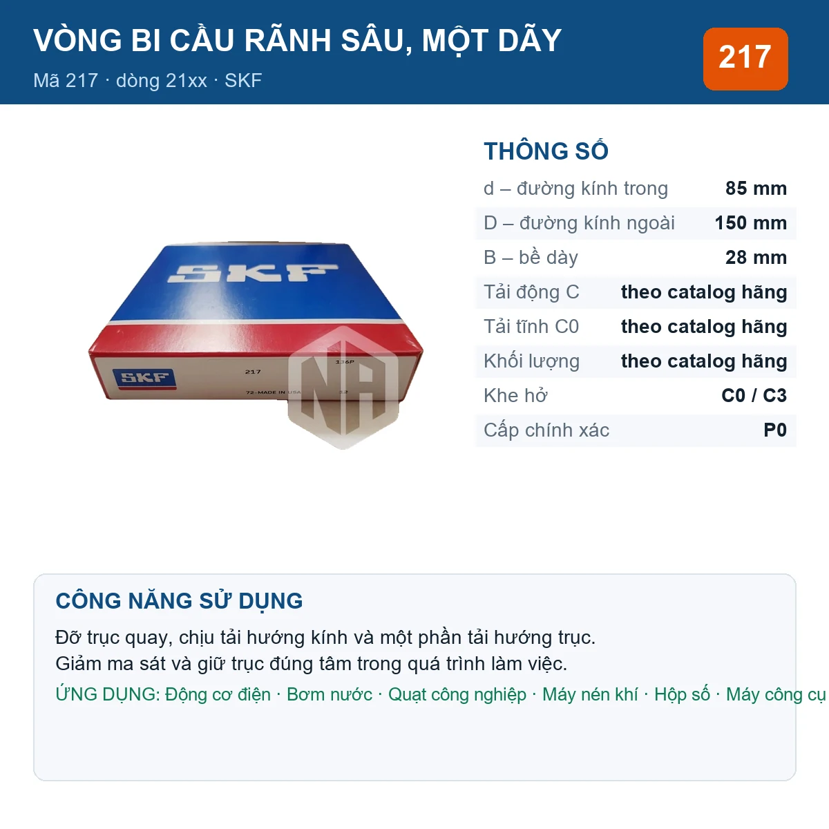 Vòng bi SKF 217 — kích thước 85x150x28mm
