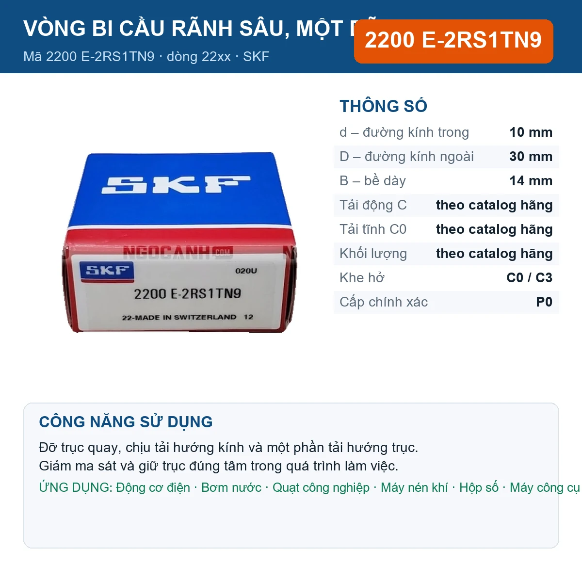 Vòng bi SKF 2200 E-2RS1TN9 — kích thước 10x30x14mm