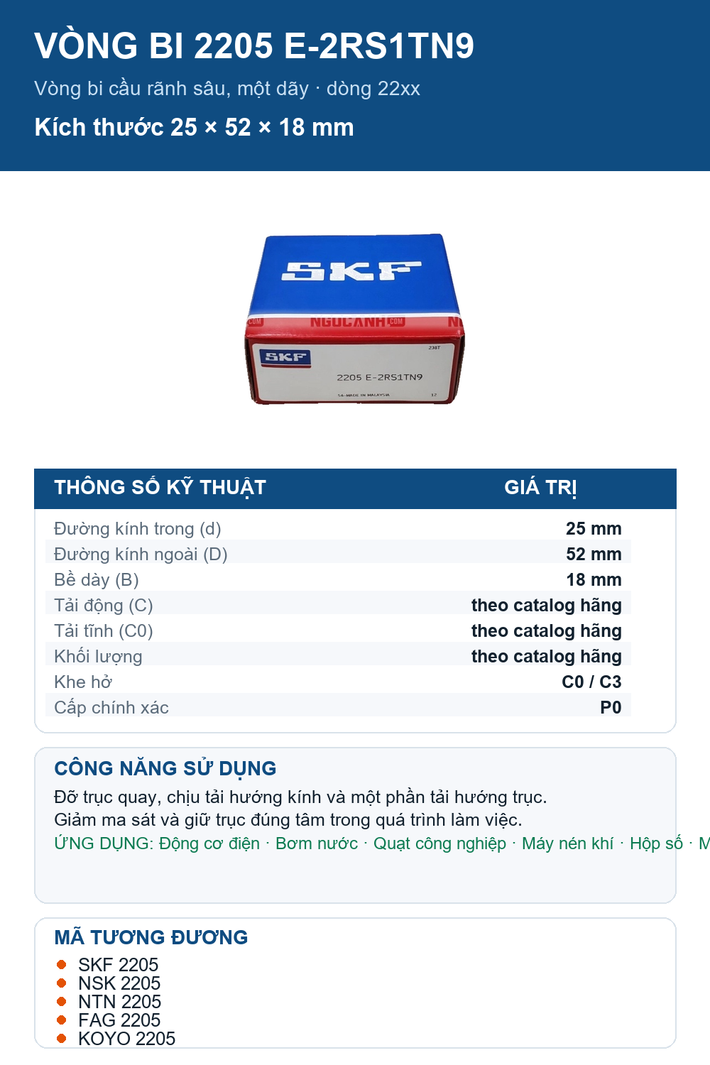 Vòng bi SKF 2205 E-2RS1TN9 25x52x18mm — Ảnh thông số (Pinterest)