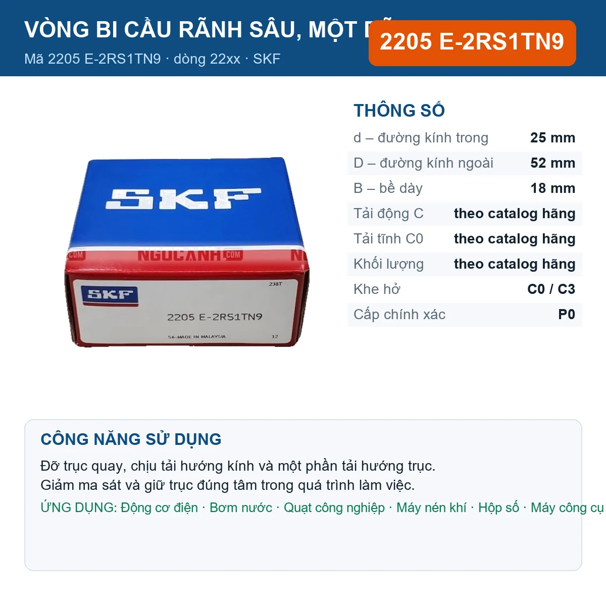 Vòng bi SKF 2205 E-2RS1TN9 — kích thước 25x52x18mm
