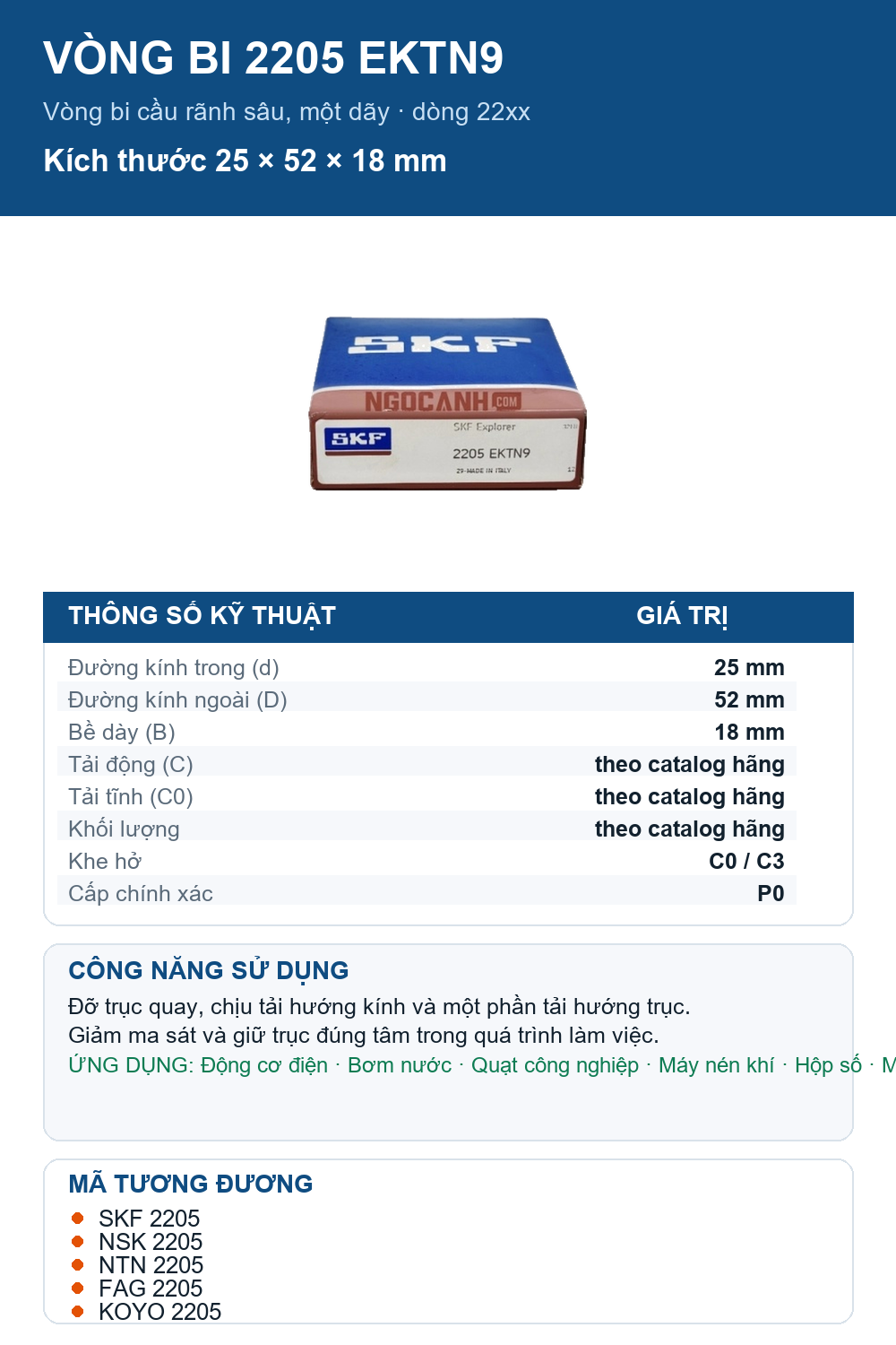 Vòng bi SKF 2205 EKTN9 25x52x18mm — Ảnh thông số (Pinterest)