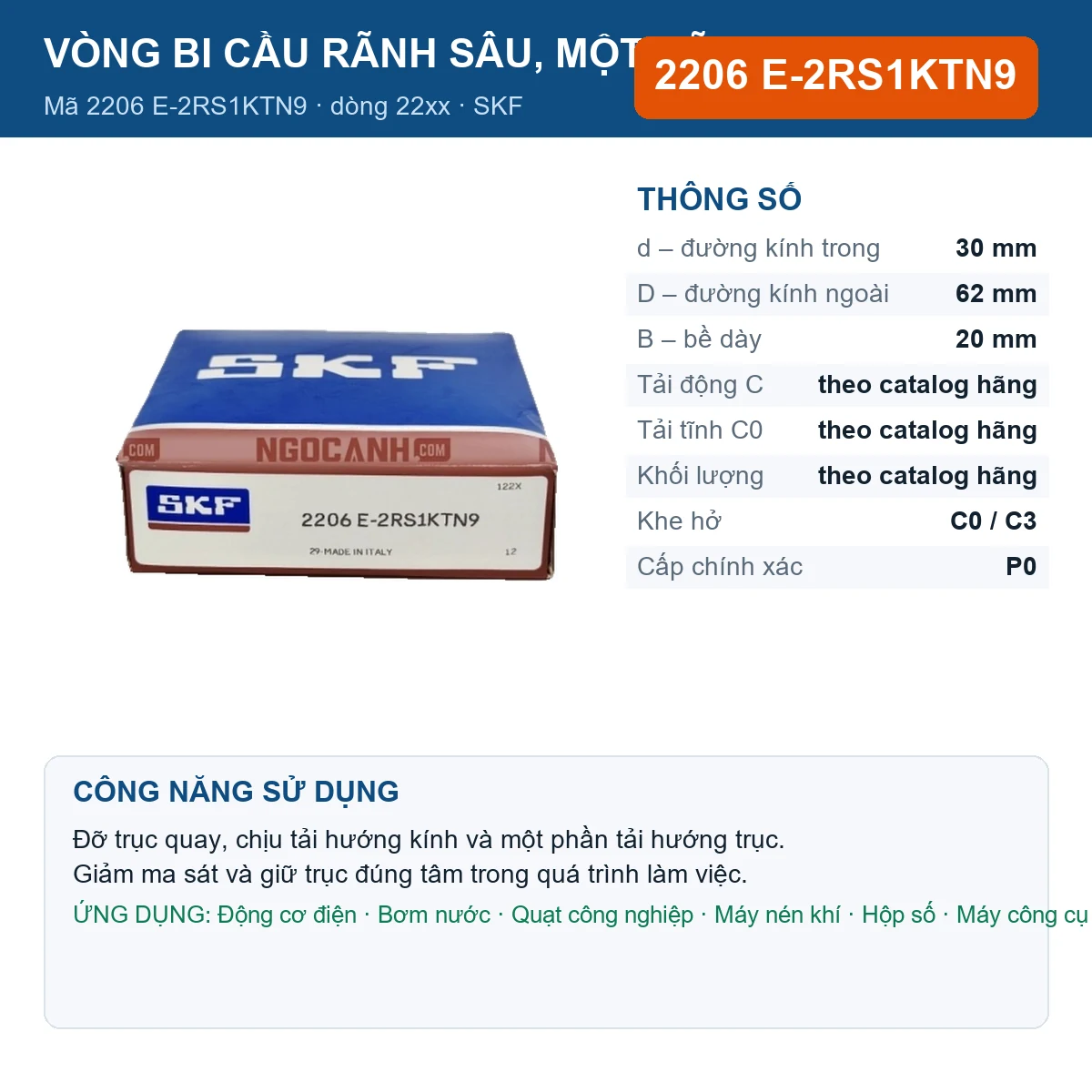 Vòng bi SKF 2206 E-2RS1KTN9 — kích thước 30x62x20mm