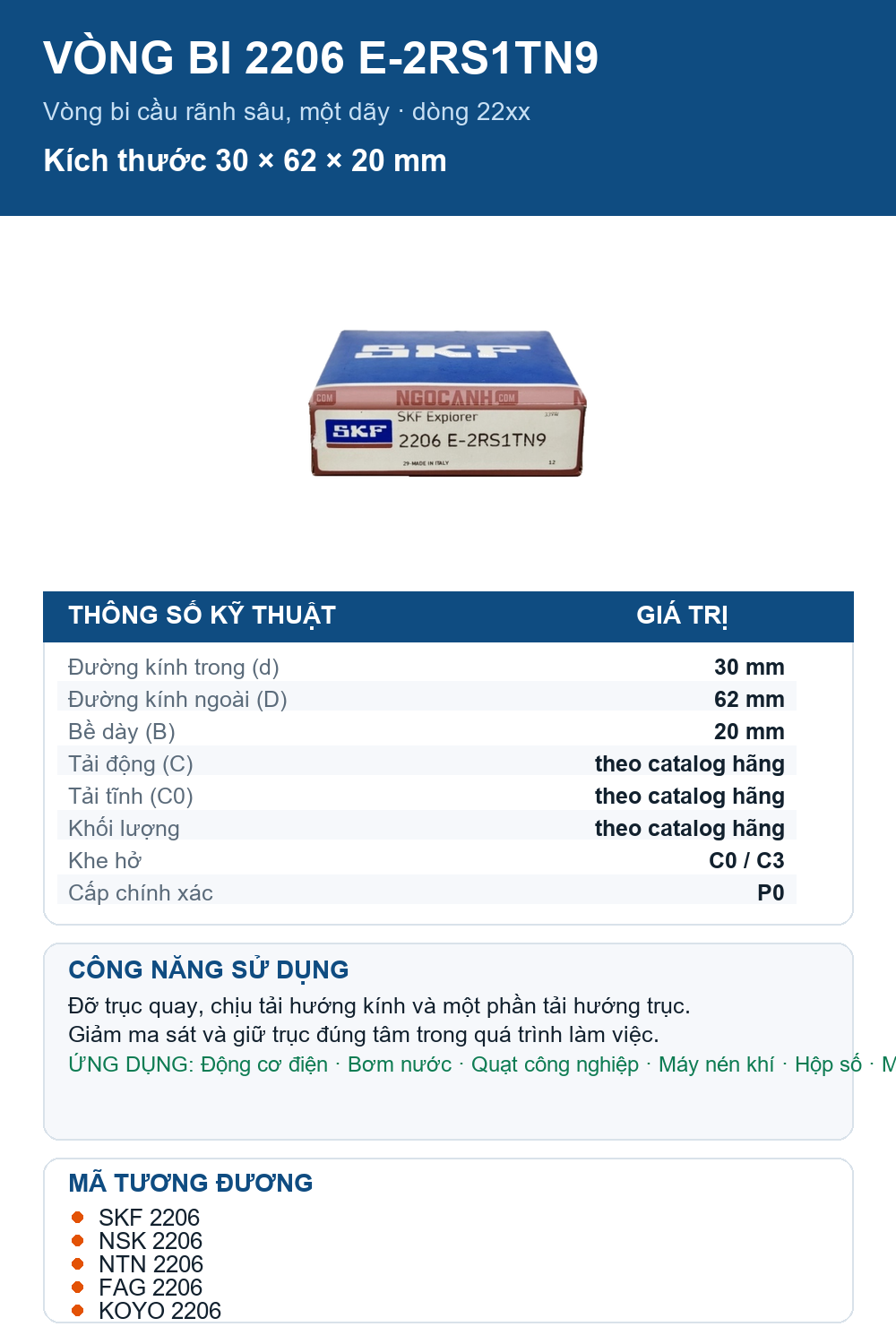 Vòng bi SKF 2206 E-2RS1TN9 30x62x20mm — Ảnh thông số (Pinterest)