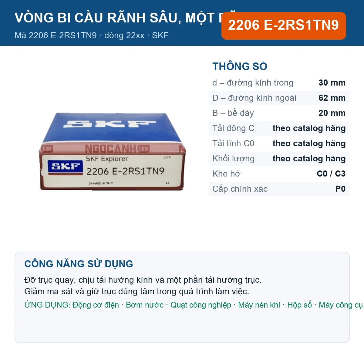 Vòng bi SKF 2206 E-2RS1TN9 — kích thước 30x62x20mm