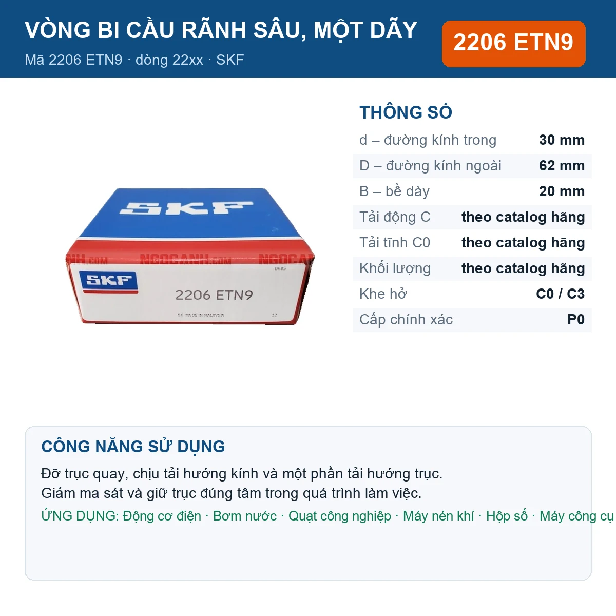 Vòng bi SKF 2206 ETN9 — kích thước 30x62x20mm