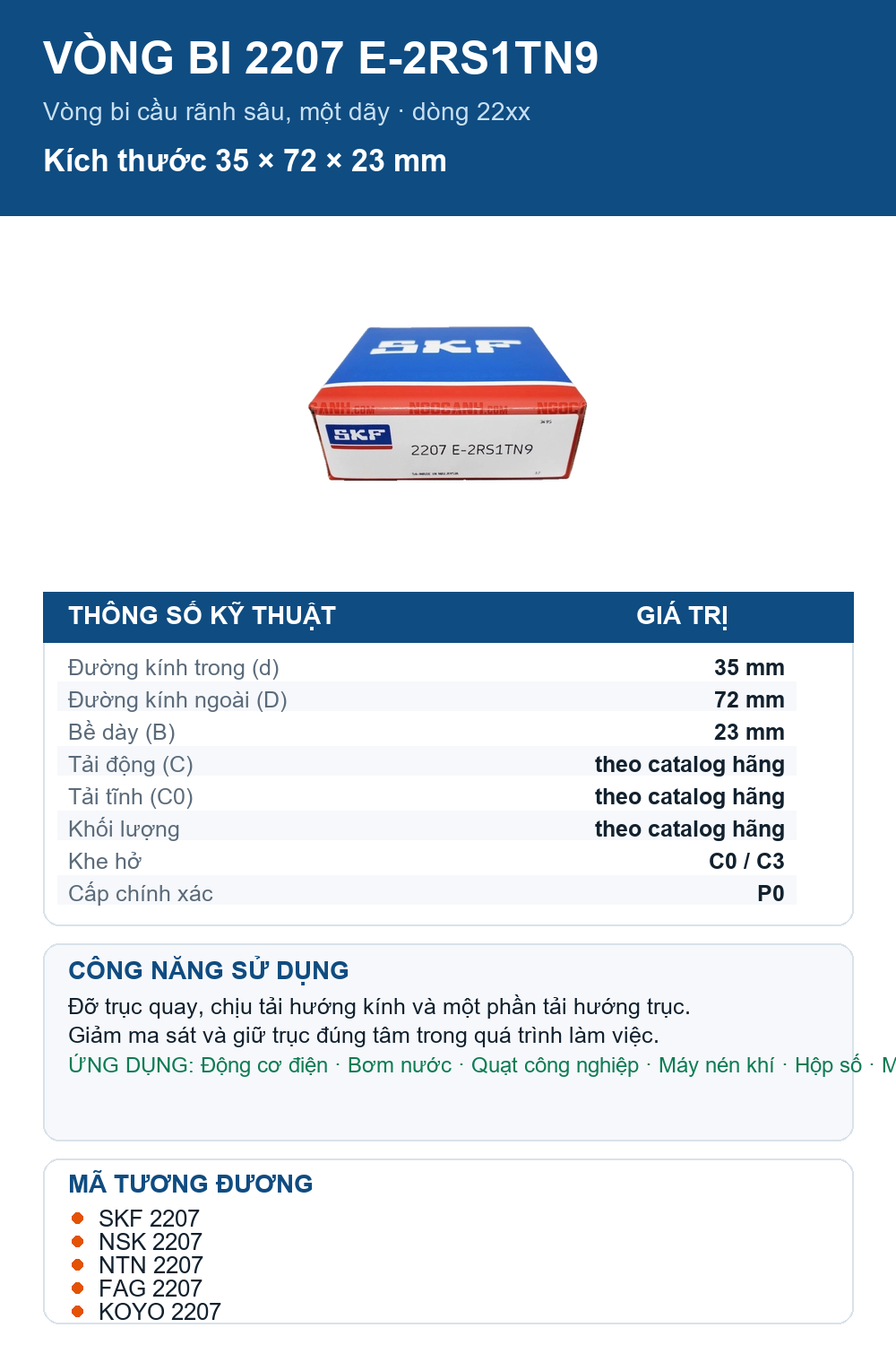 Vòng bi SKF 2207 E-2RS1TN9 35x72x23mm — Ảnh thông số (Pinterest)