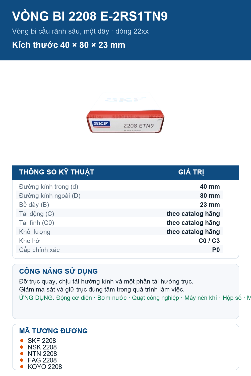 Vòng bi SKF 2208 E-2RS1TN9 40x80x23mm — Ảnh thông số (Pinterest)