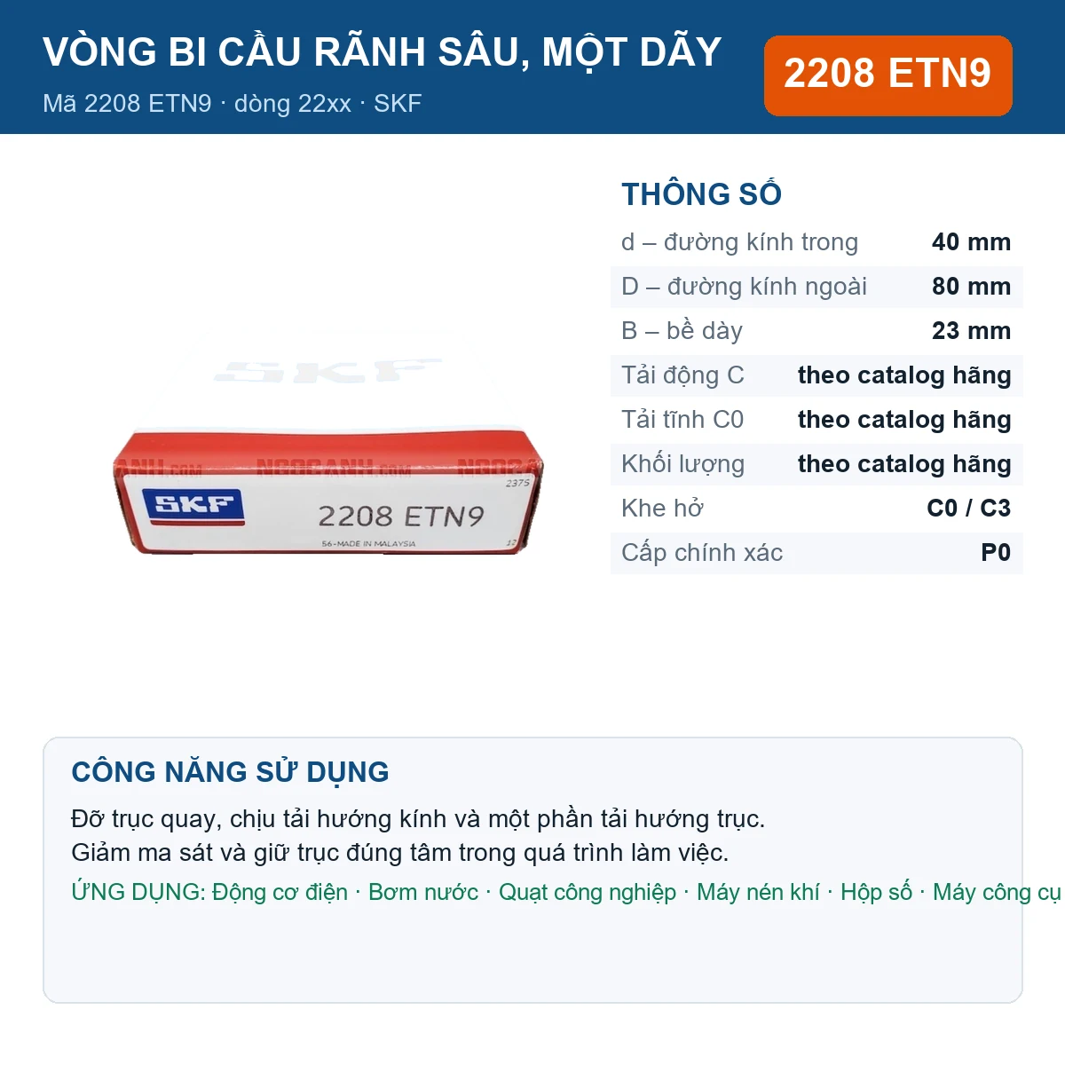 Vòng bi SKF 2208 ETN9 — kích thước 40x80x23mm
