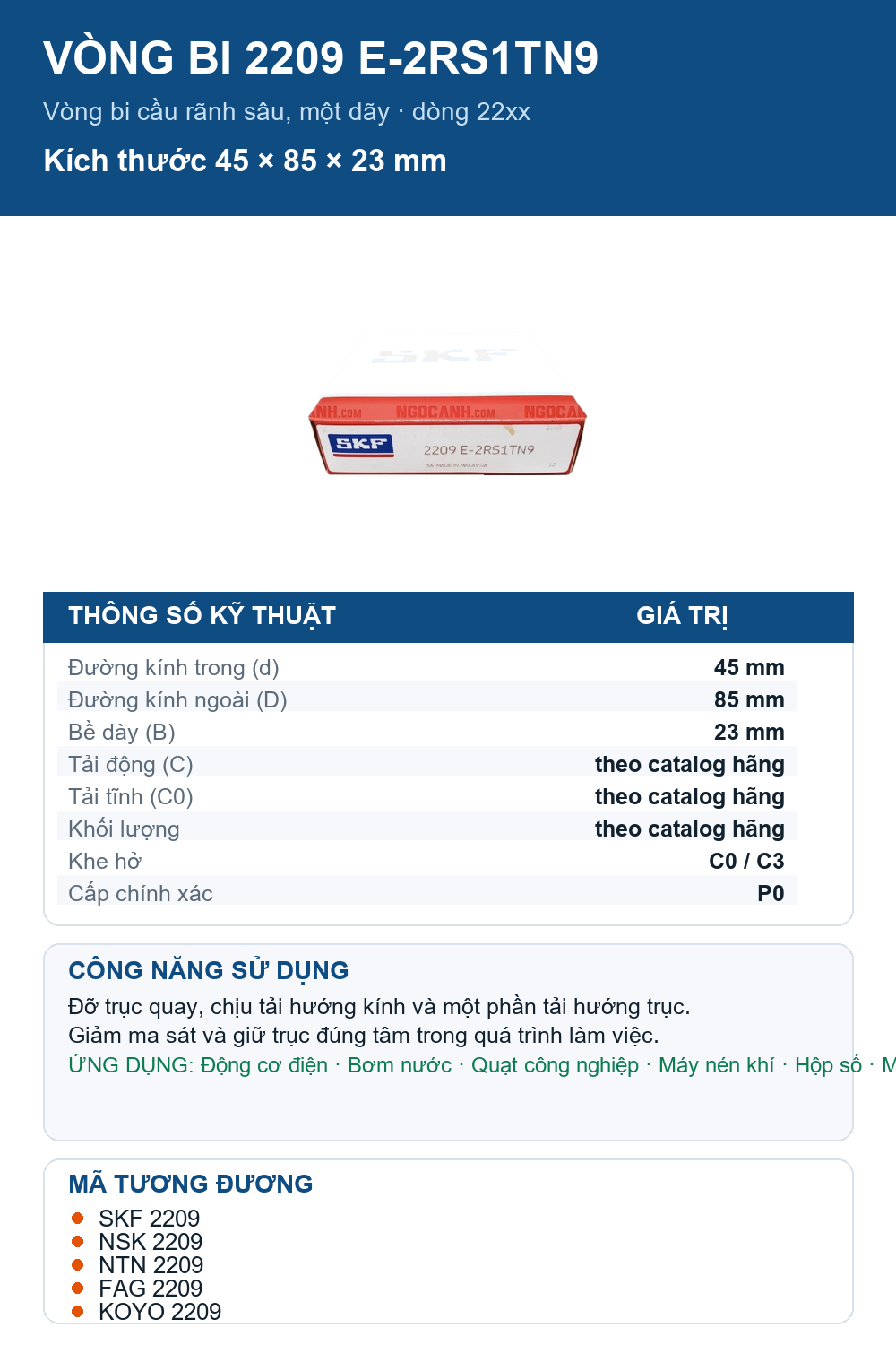 Vòng bi SKF 2209 E-2RS1TN9 45x85x23mm — Ảnh thông số (Pinterest)