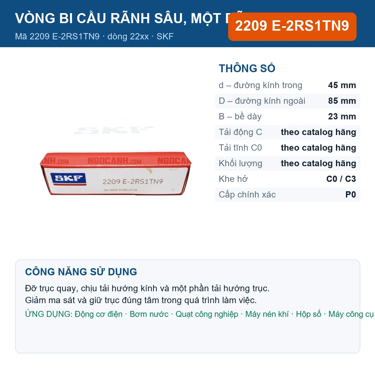 Vòng bi SKF 2209 E-2RS1TN9 — kích thước 45x85x23mm