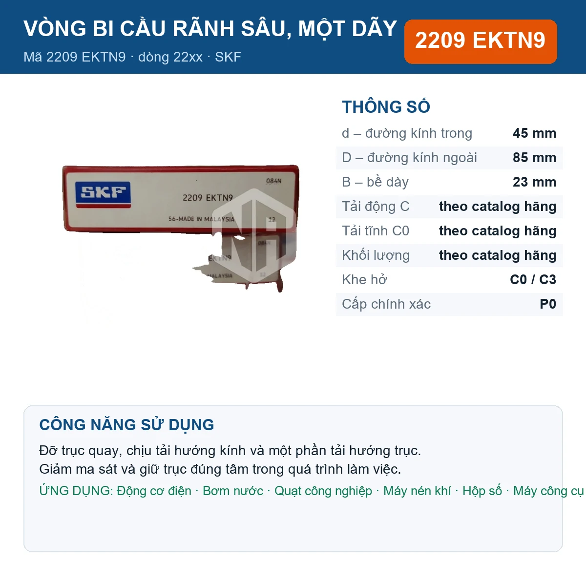 Vòng bi SKF 2209 EKTN9 — kích thước 45x85x23mm
