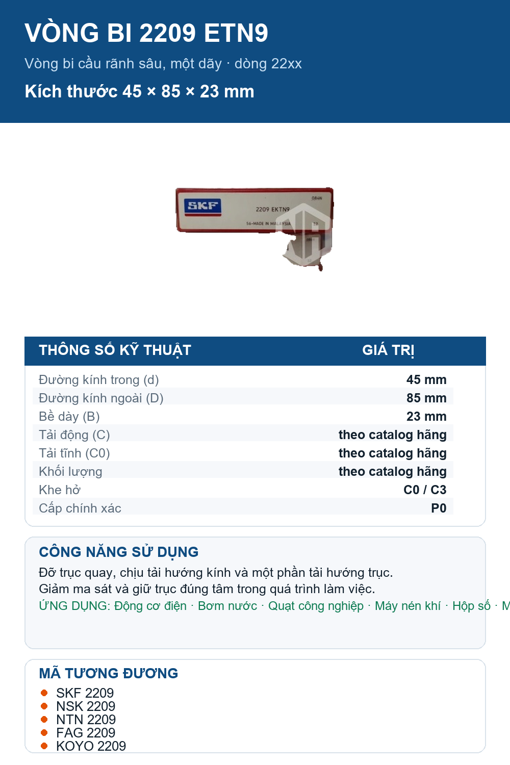 Vòng bi SKF 2209 ETN9 45x85x23mm — Ảnh thông số (Pinterest)