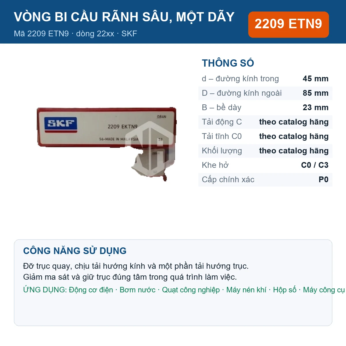 Vòng bi SKF 2209 ETN9 — kích thước 45x85x23mm