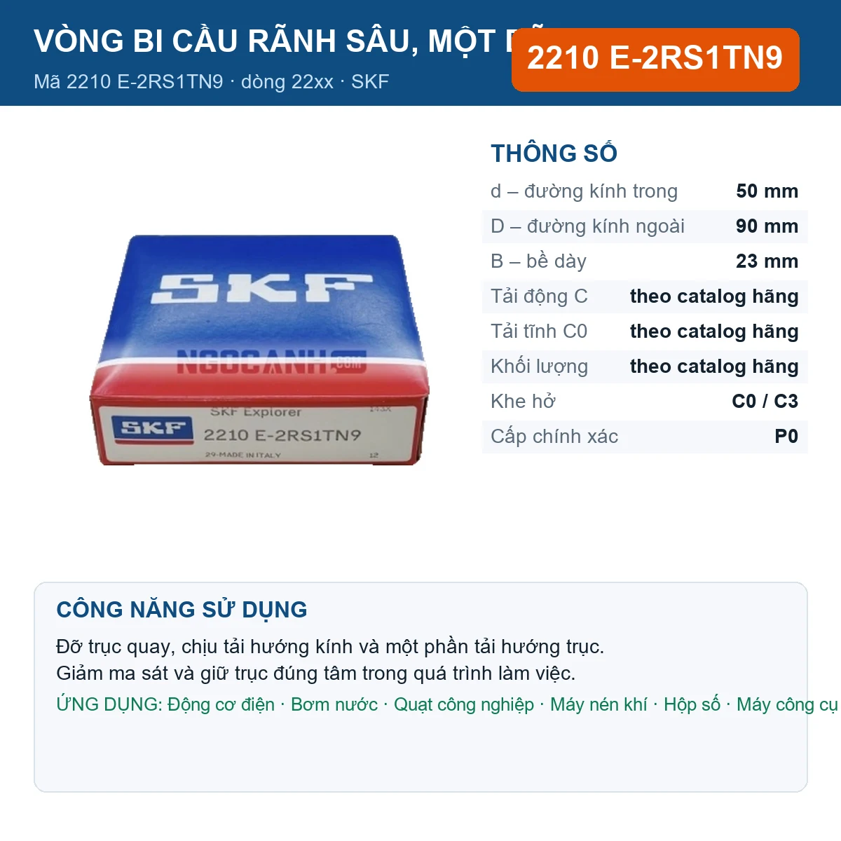 Vòng bi SKF 2210 E-2RS1TN9 — kích thước 50x90x23mm