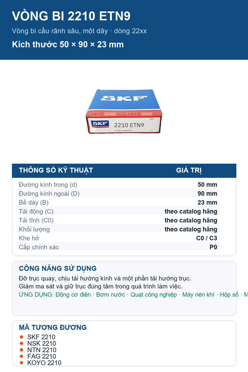 Vòng bi SKF 2210 ETN9 50x90x23mm — Ảnh thông số (Pinterest)