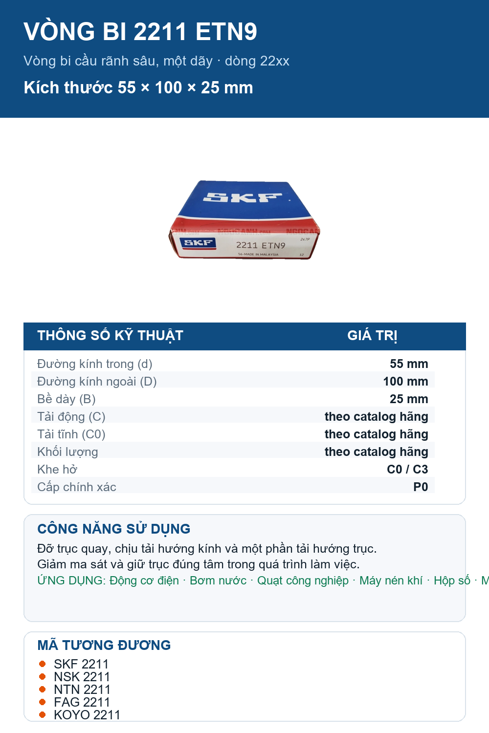 Vòng bi SKF 2211 ETN9 55x100x25mm — Ảnh thông số (Pinterest)