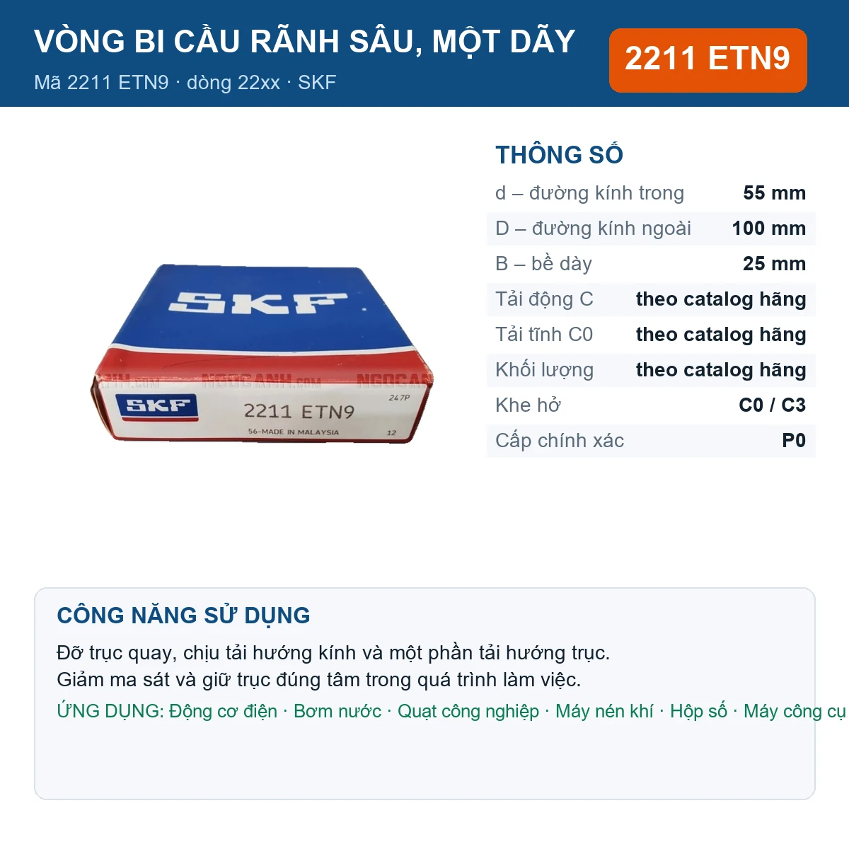 Vòng bi SKF 2211 ETN9 — kích thước 55x100x25mm