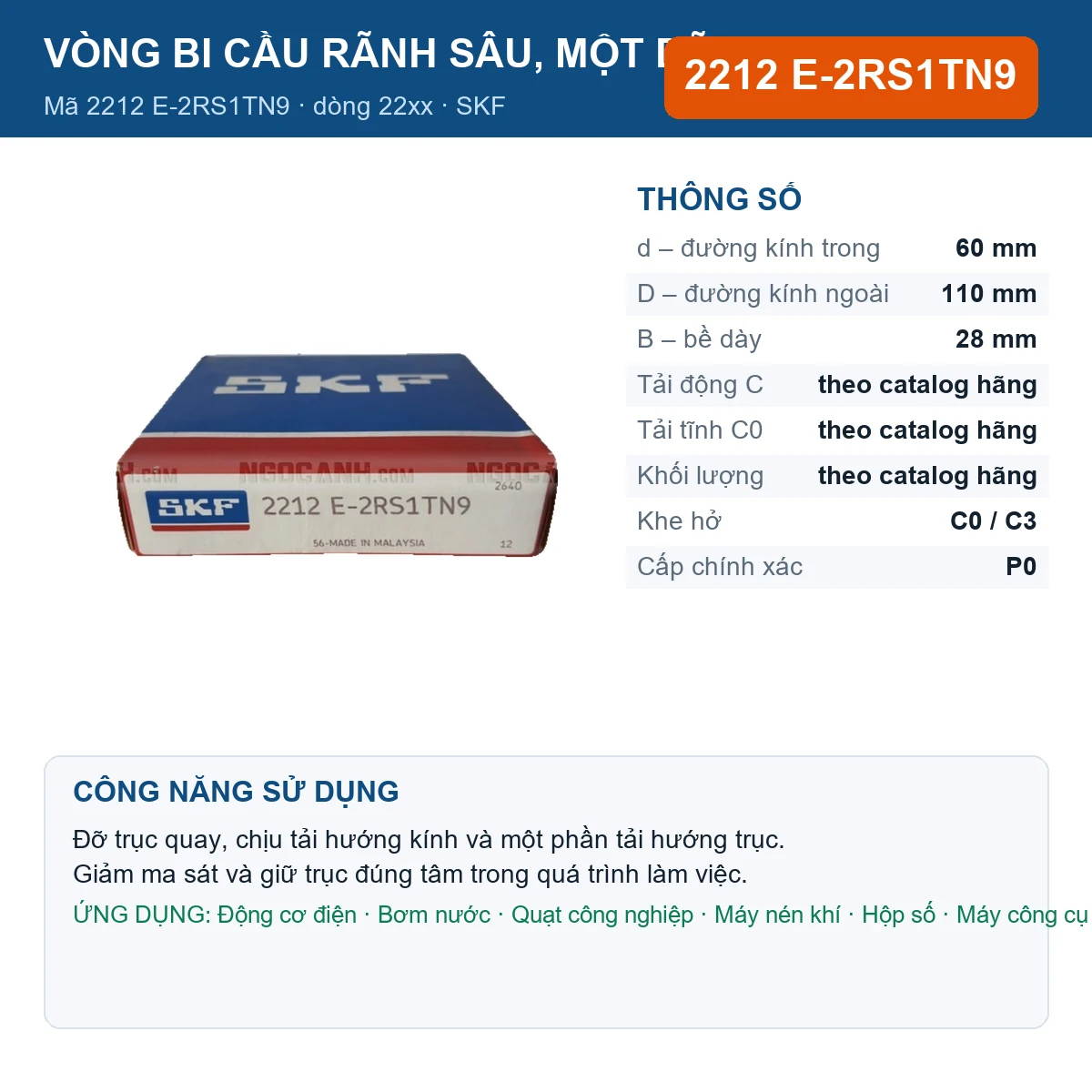 Vòng bi SKF 2212 E-2RS1TN9 — kích thước 60x110x28mm