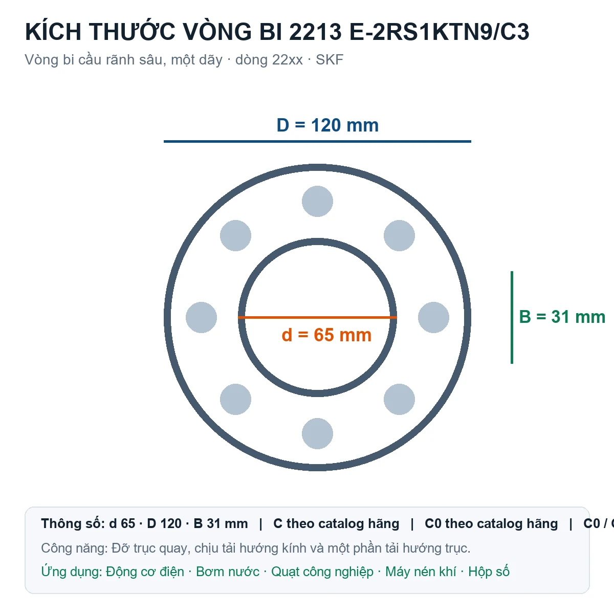 Vòng bi SKF 2213 E-2RS1KTN9/C3 65x120x31mm — Bản vẽ kích thước (Google Images)