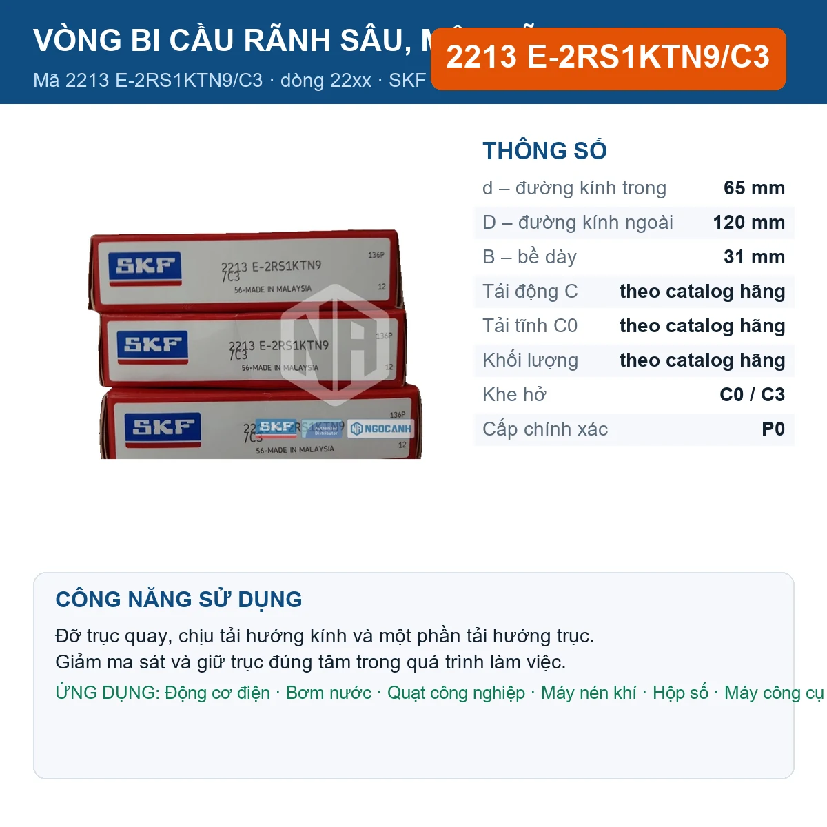 Vòng bi SKF 2213 E-2RS1KTN9/C3 — kích thước 65x120x31mm