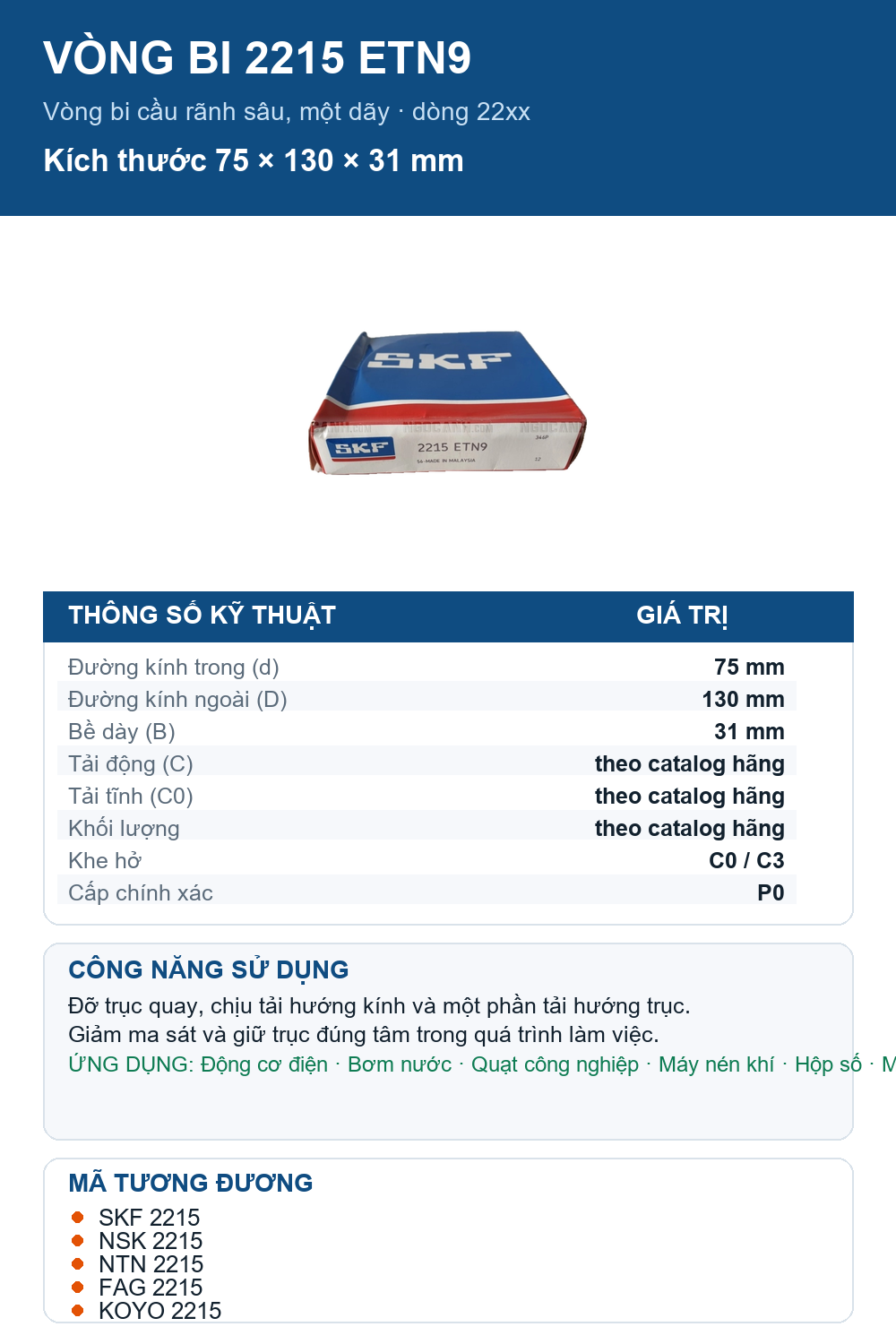 Vòng bi SKF 2215 ETN9 75x130x31mm — Ảnh thông số (Pinterest)