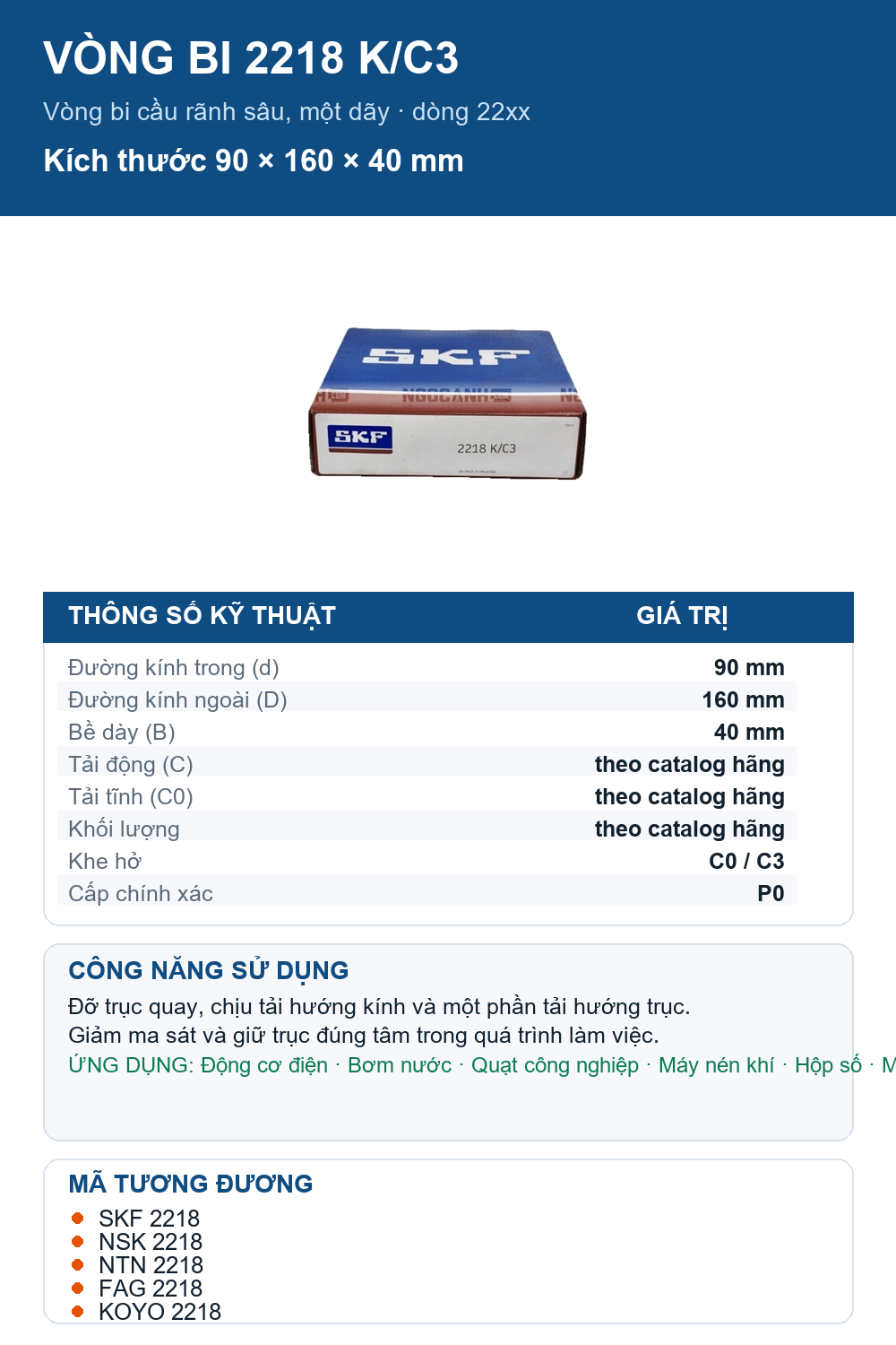 Vòng bi SKF 2218 K/C3 90x160x40mm — Ảnh thông số (Pinterest)