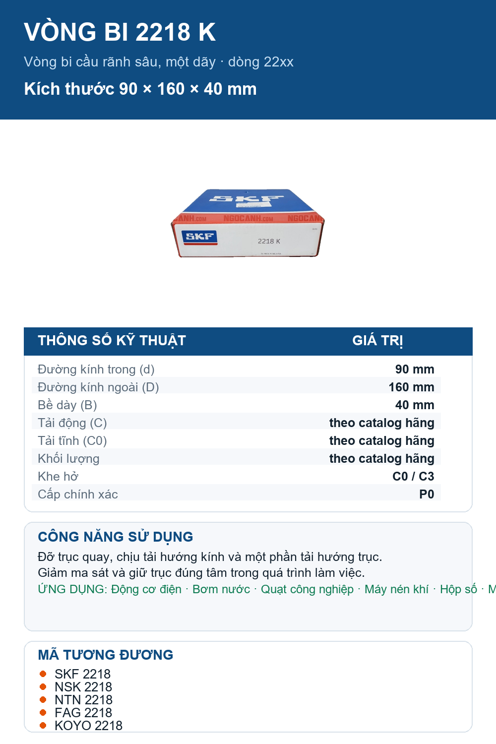 Vòng bi SKF 2218 K 90x160x40mm — Ảnh thông số (Pinterest)
