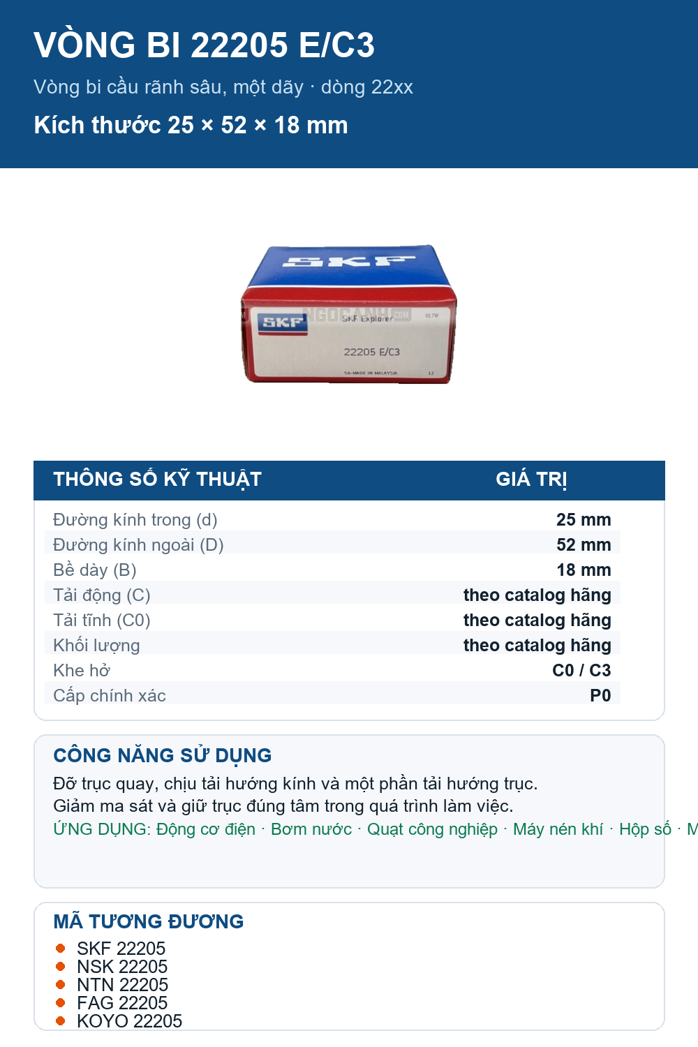 Vòng bi SKF 22205 E/C3 25x52x18mm — Ảnh thông số (Pinterest)