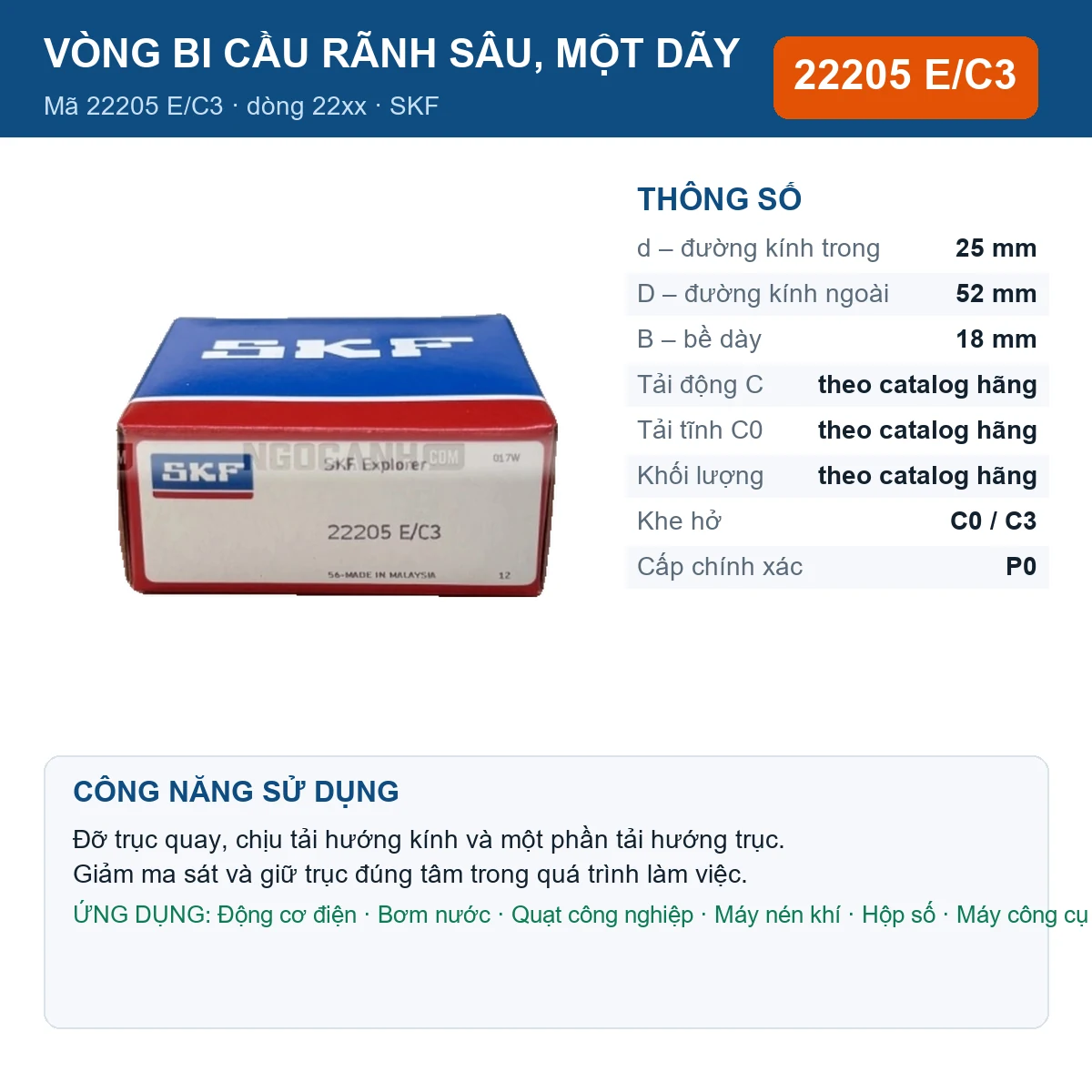 Vòng bi SKF 22205 E/C3 — kích thước 25x52x18mm